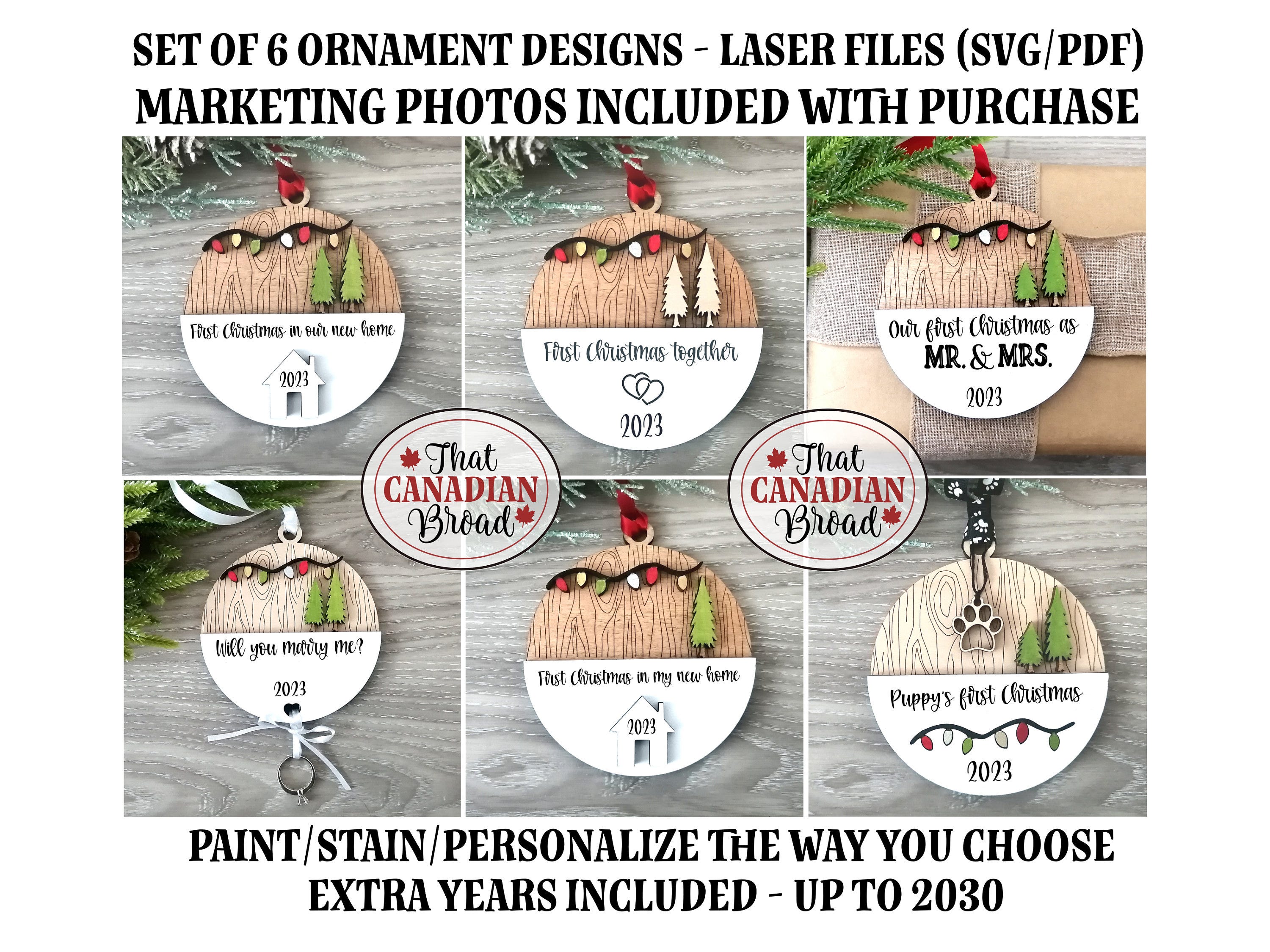 Christmas ornaments, 6 designs, woodgrain, updated to include 2022 to 2030, laser files, svg, pdf