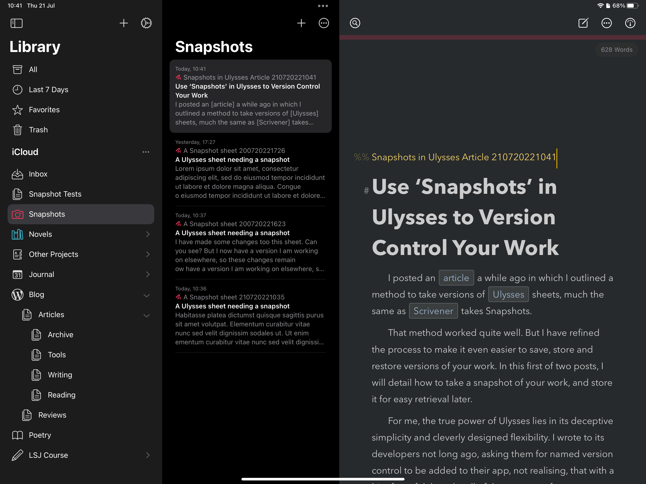 The Snapshots Library in Ulysses