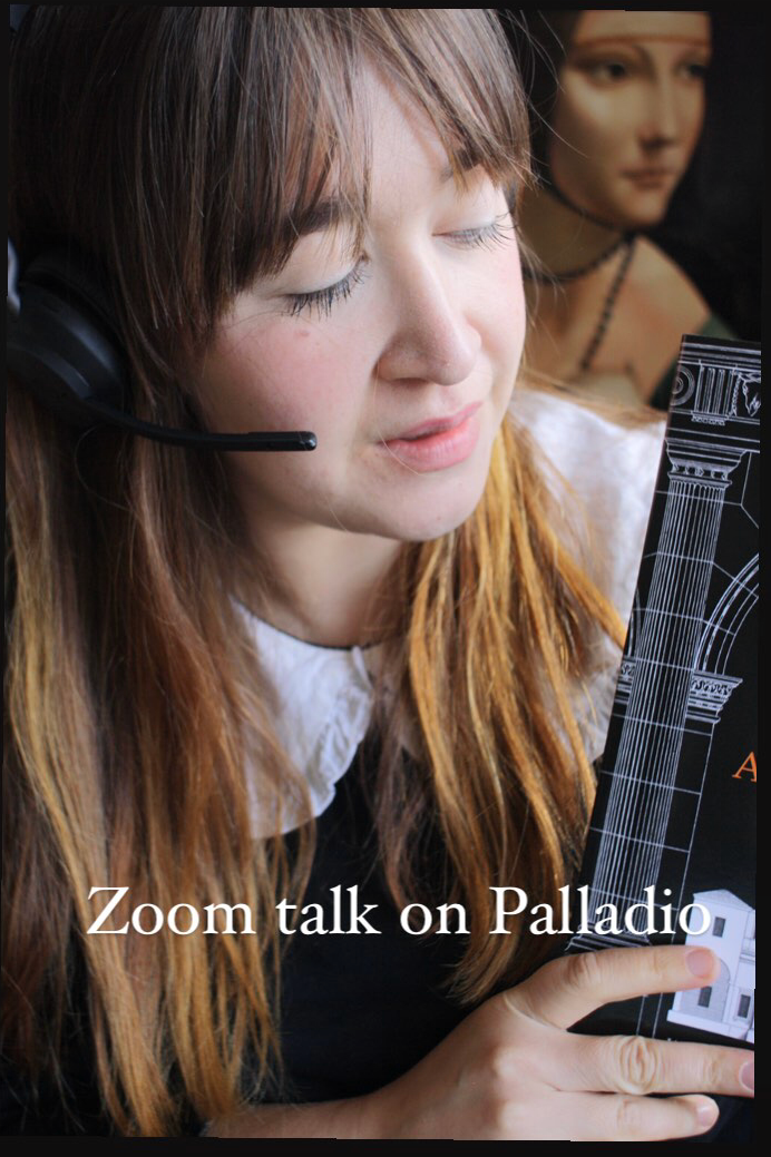 Photo of the author, Frances Forbes-Carbines, holding a book and talking via a headset