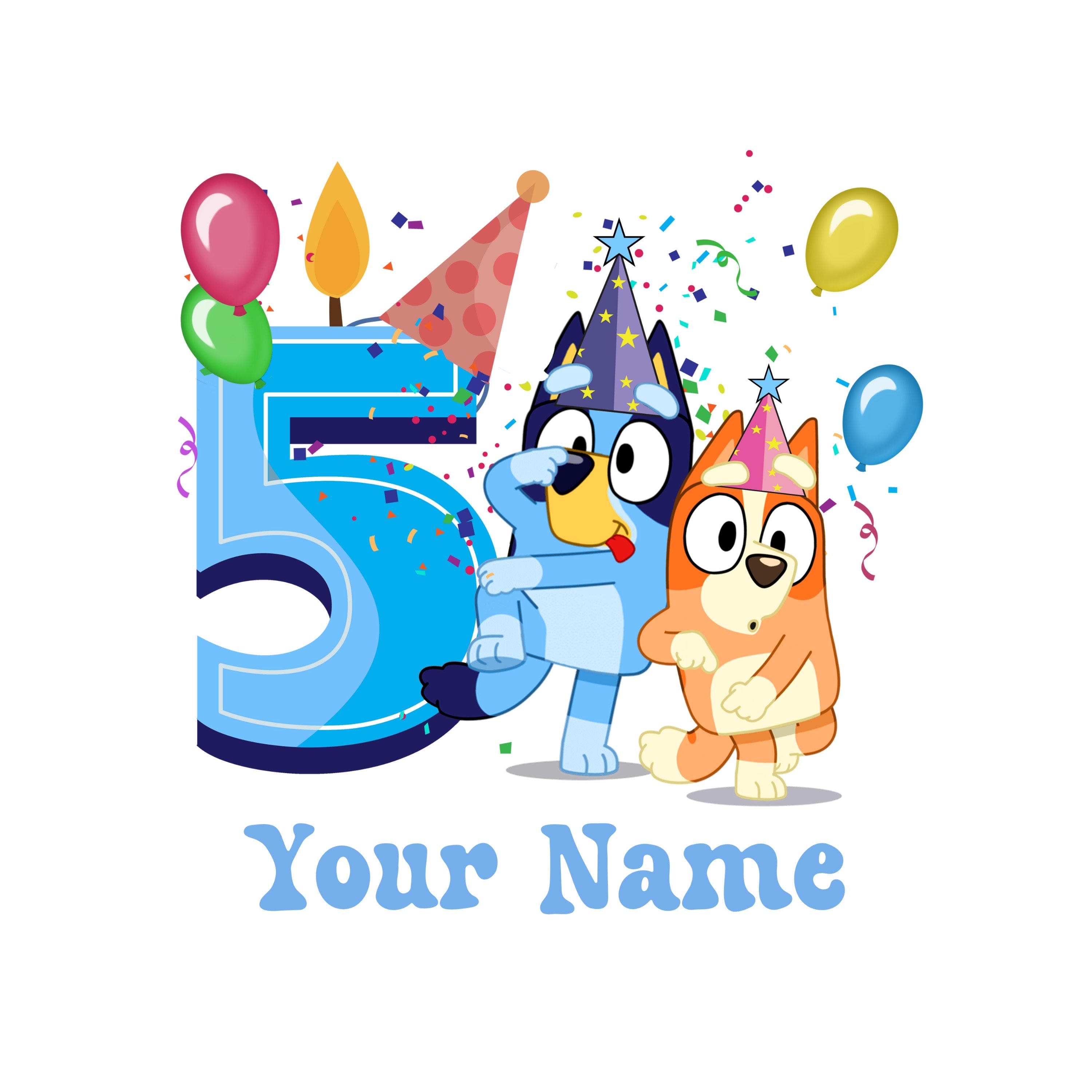 Blue Dog Birthday PNG Digital Download File Boy Age 5 Custom Name Colour Customise Sublimation Party Celebration Re-Size 300dpi Quality