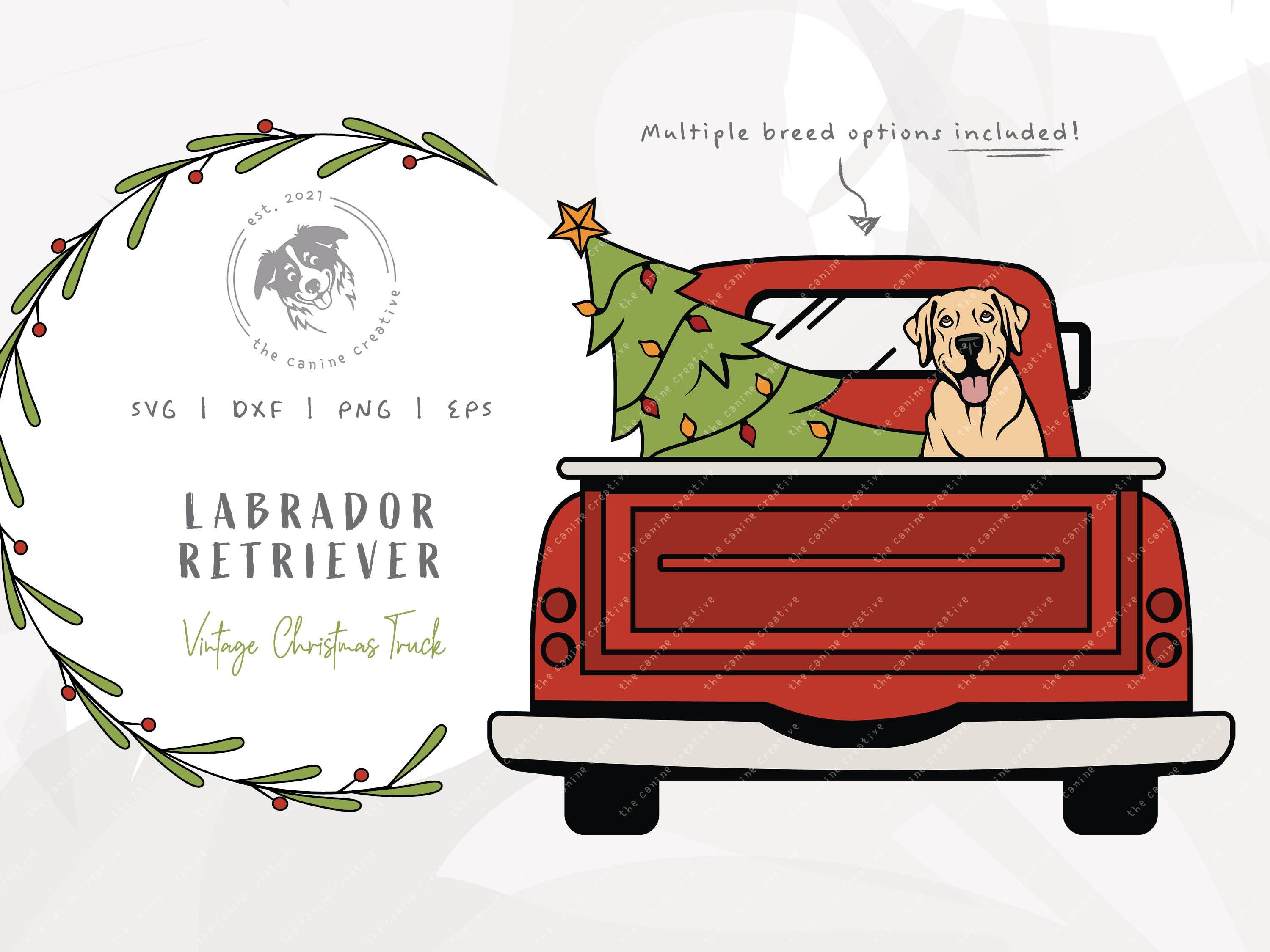 Labrador SVG Christmas, Lab Dog SVG, Red Vintage Truck png, Christmas Tree Clipart, Printable Dog Art, Dog Illustration, Cricut Cut File