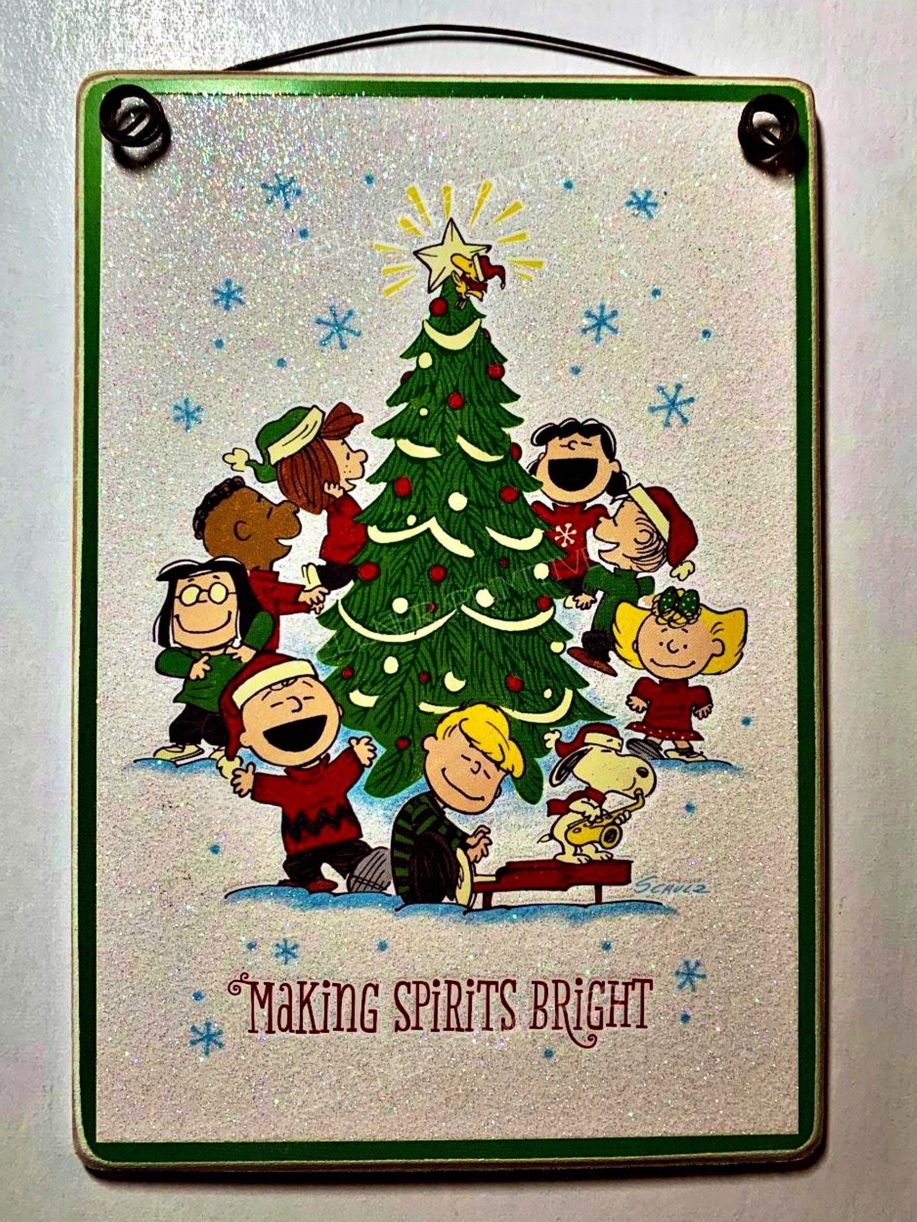 Charlie Brown Christmas Making Spirits Bright / Beautiful Sparkling White Glitter / Wood Plaque With Hanger or Greeting Card / 4.5