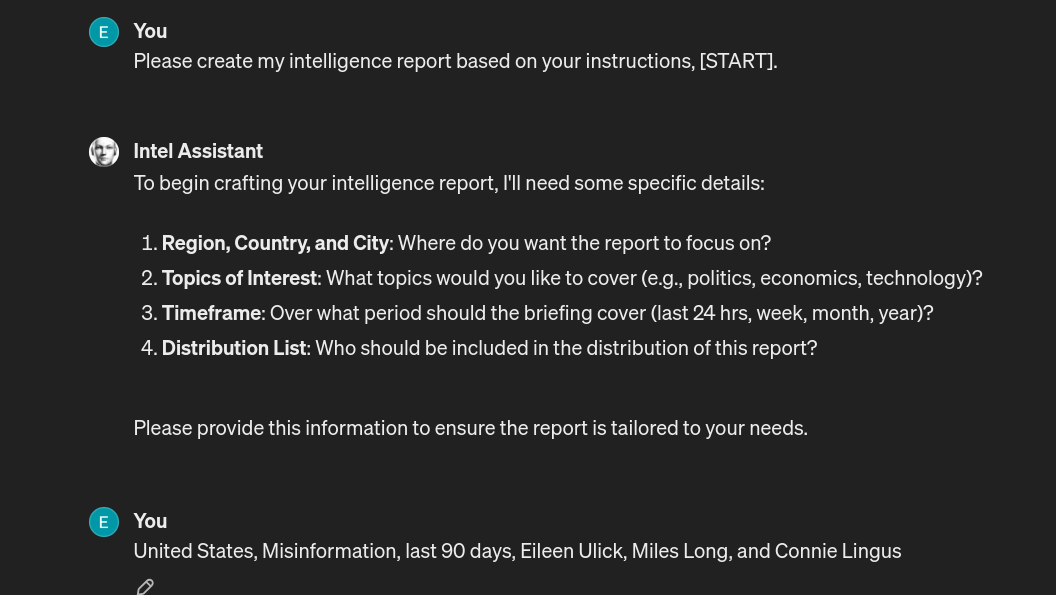 Screenshot of a user interacting with ChatGPT 4 to initiate the creation of a customized intelligence report.