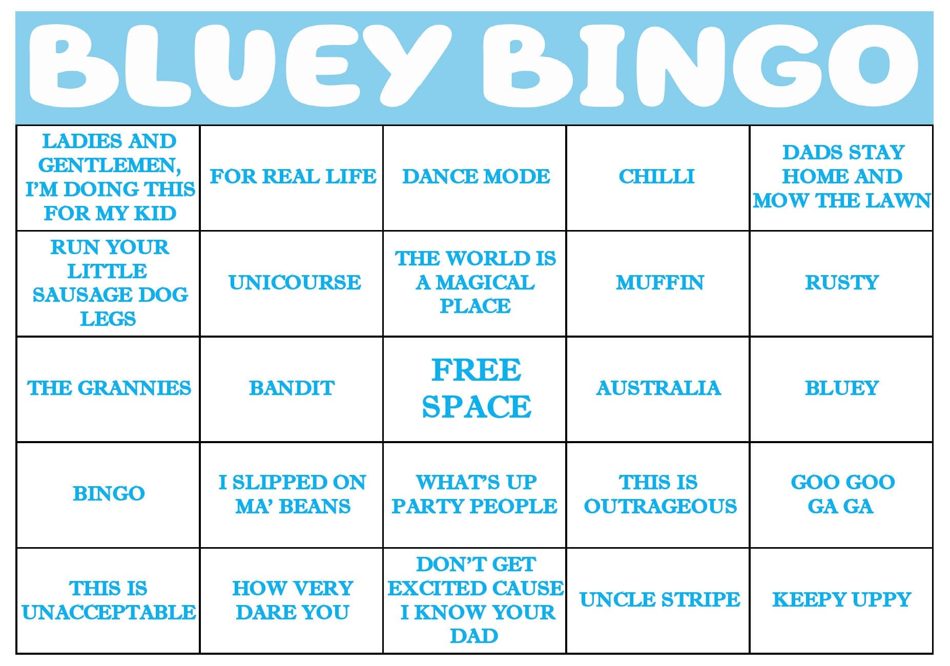Bluey Personalized Bingo, Printable Bluey Custom Bar/Party Bingo Game PDF