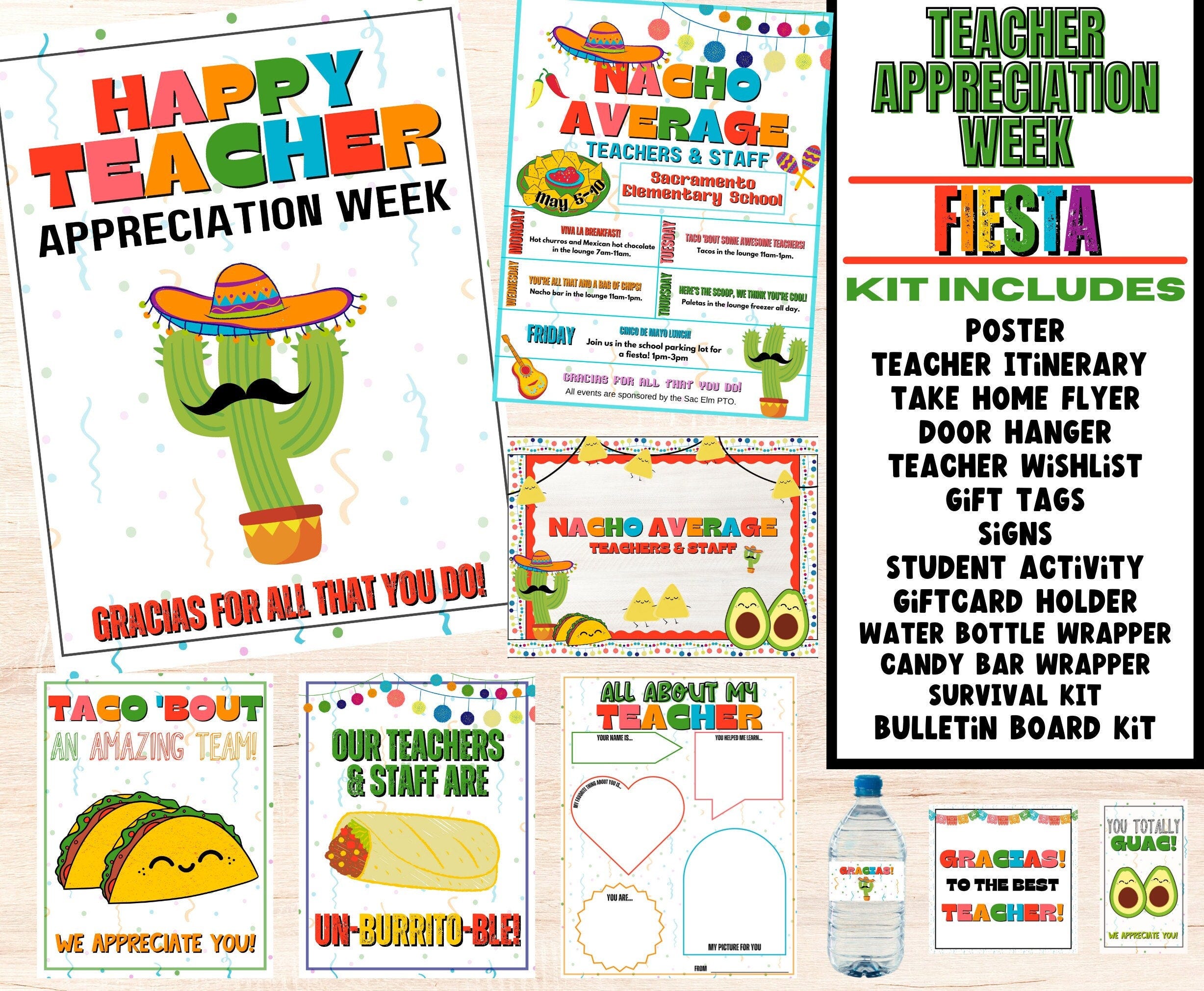 Editable Nacho Average Fiesta Teacher Appreciation Week Printable Bundle | Flyers, Poster, Gift Tags, & Templates | Schedule of Events Flyer