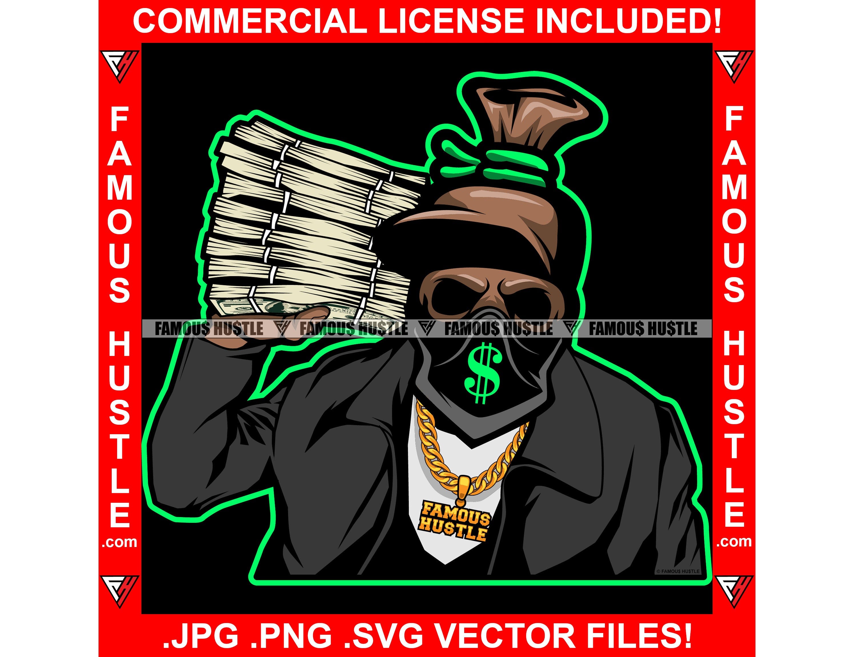 Gangster Money Bag Cartoon Character Burglar Mask Holding Cash Stack Tattoo Hip Hop Rap Hood Hustler Hustling Flex Art Logo JPG PNG SVG Cut