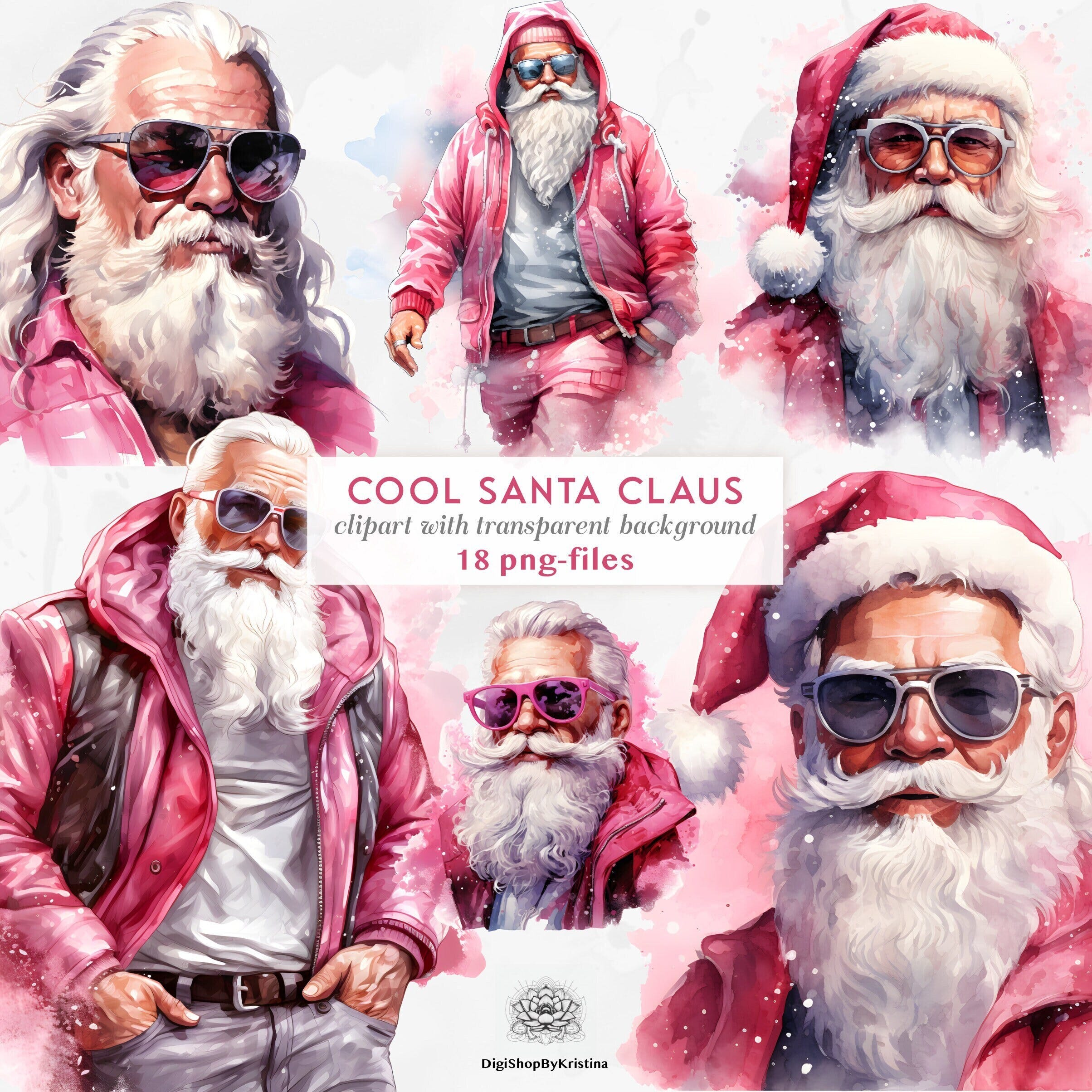 Cool Santa Claus with Sunglasses Clipart | Pink Santa Claus Edition | Coastal Christmas Clipart Santa Claus PNGs with transparent Background