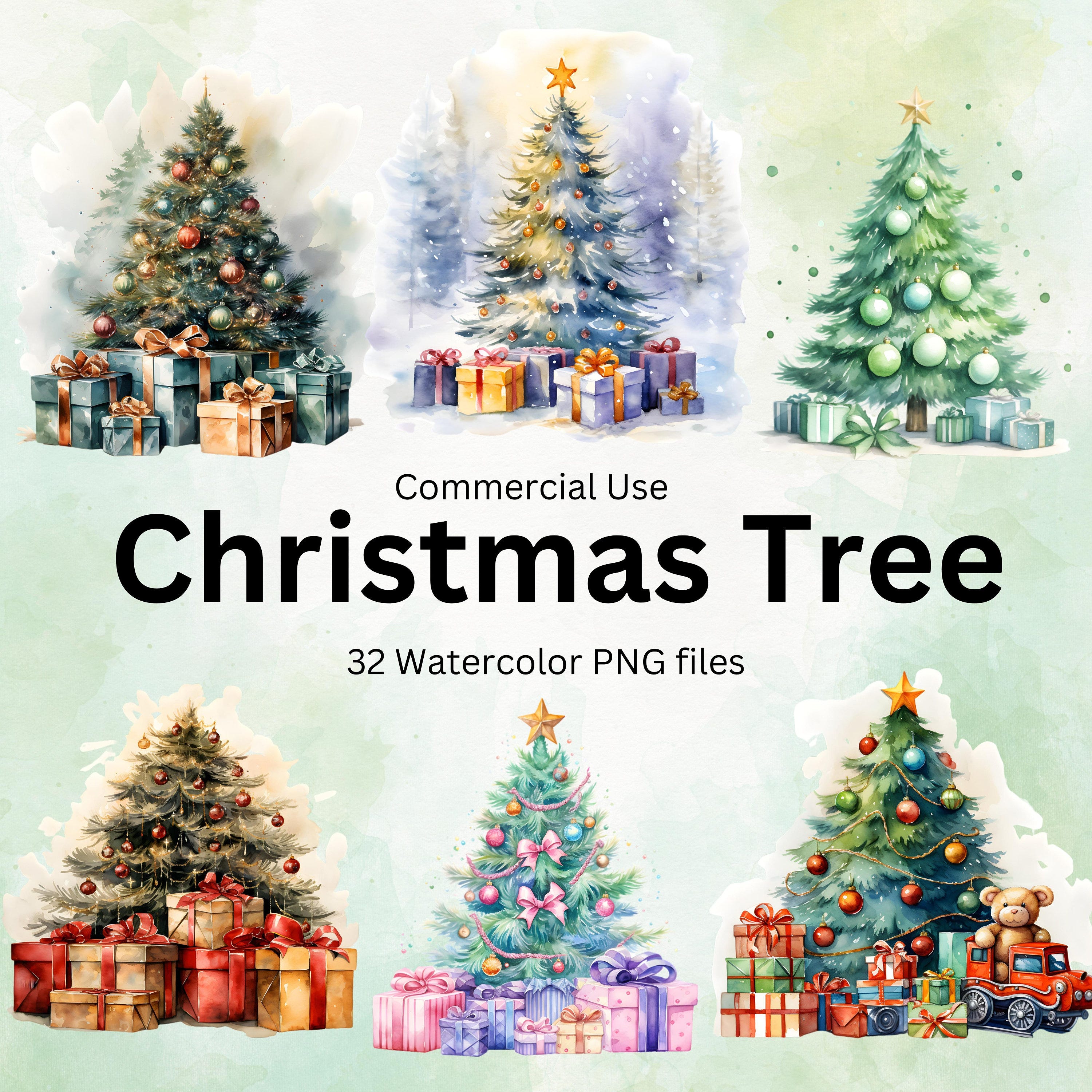 Watercolor Christmas Tree with Presents Clipart Bundle,  32 High Quality Transparent Watercolor PNGs, Card Making, Journaling, Scrapbook