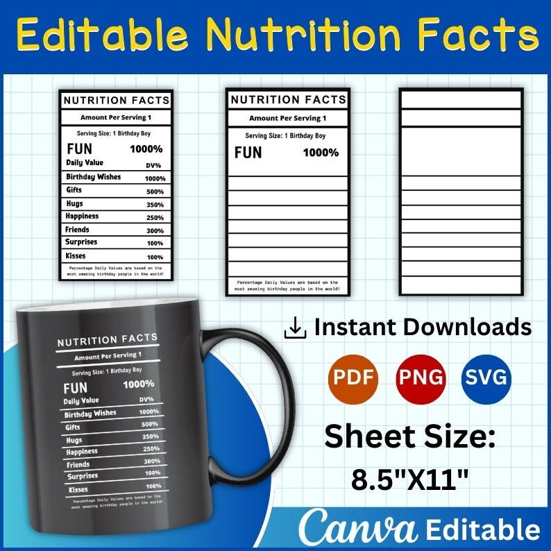 Nutrition Facts Templates, Nutrition Facts Template Bundle, Party Favor Bundle , Editable Canva Nutrition Facts Template