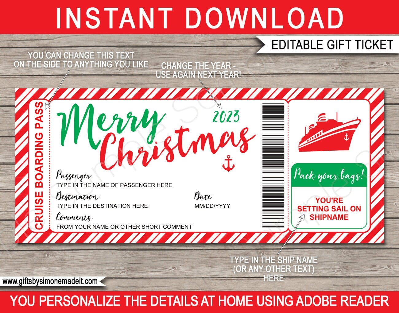 Christmas Cruise Ticket Boarding Pass Gift Template - Surprise Cruise Ship Reveal - Printable Gift Voucher - INSTANT DOWNLOAD text EDITABLE