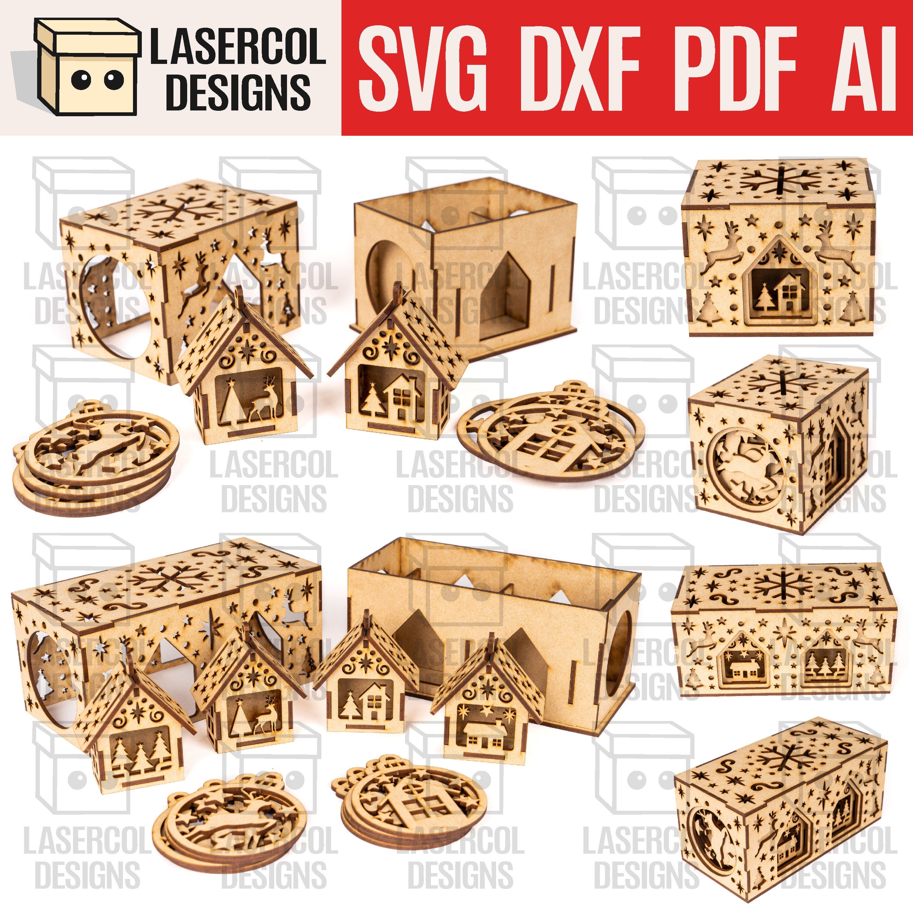 Christmas Ornaments Boxes - Laser Cut Files - SVG+DXF+PDF+Ai - Glowforge Files - Instant Download - Nightlight - Christmas Ornaments Files