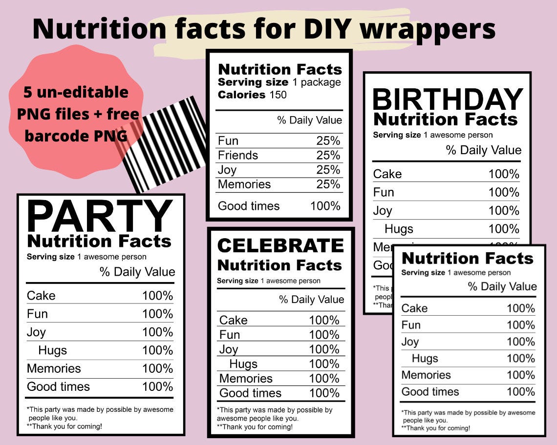 Nutrition facts png,barcode,chip wrapper template,party nutritional facts table,candy wrapper,chip wrap,water bottle label,png,diy,favor