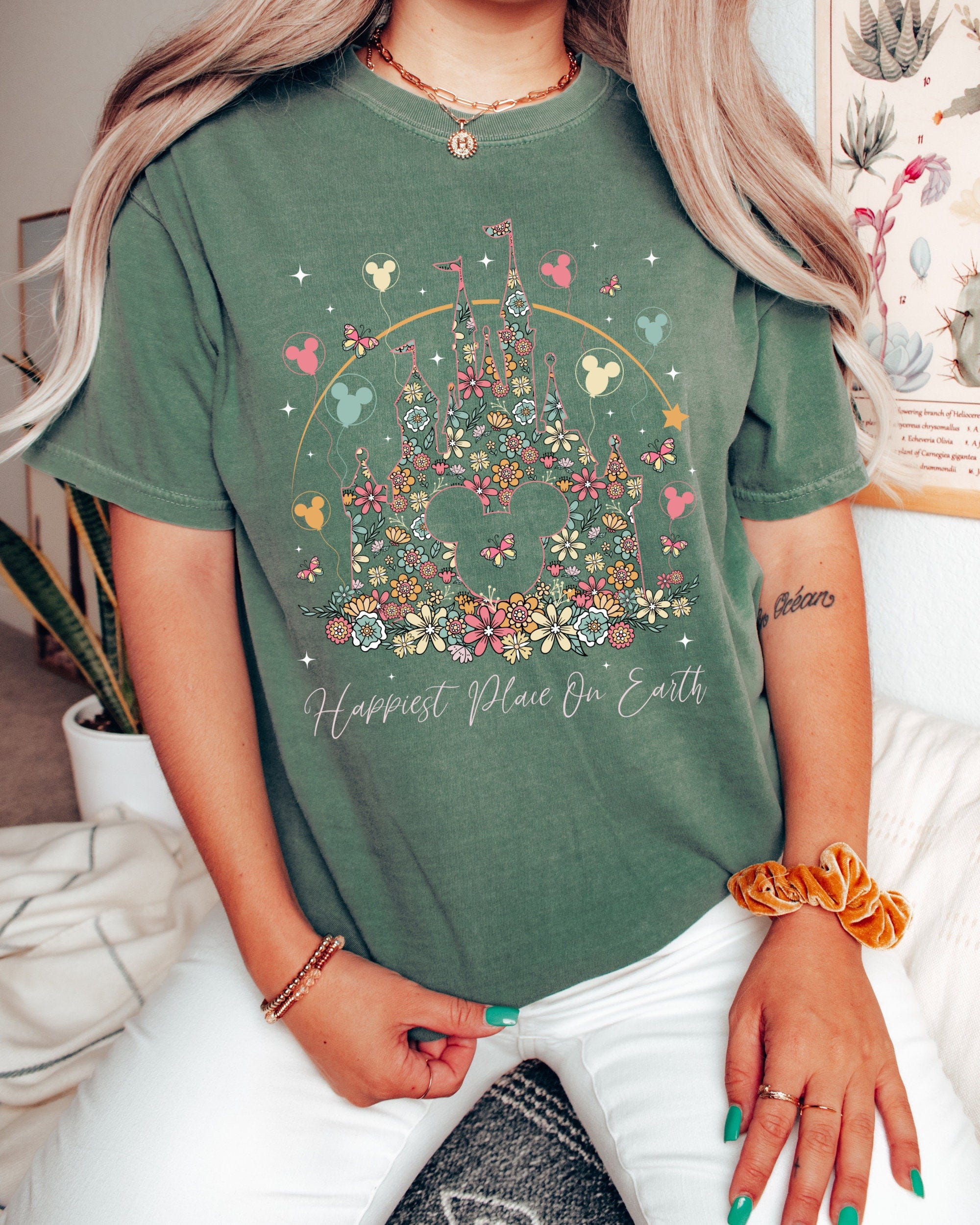 Comfort Colors Happiest Place on Earth Shirt, Disney Castle Floral Shirt, Vintage Disney Shirt, Disney Ear Shirt, Magical Castle Shirt