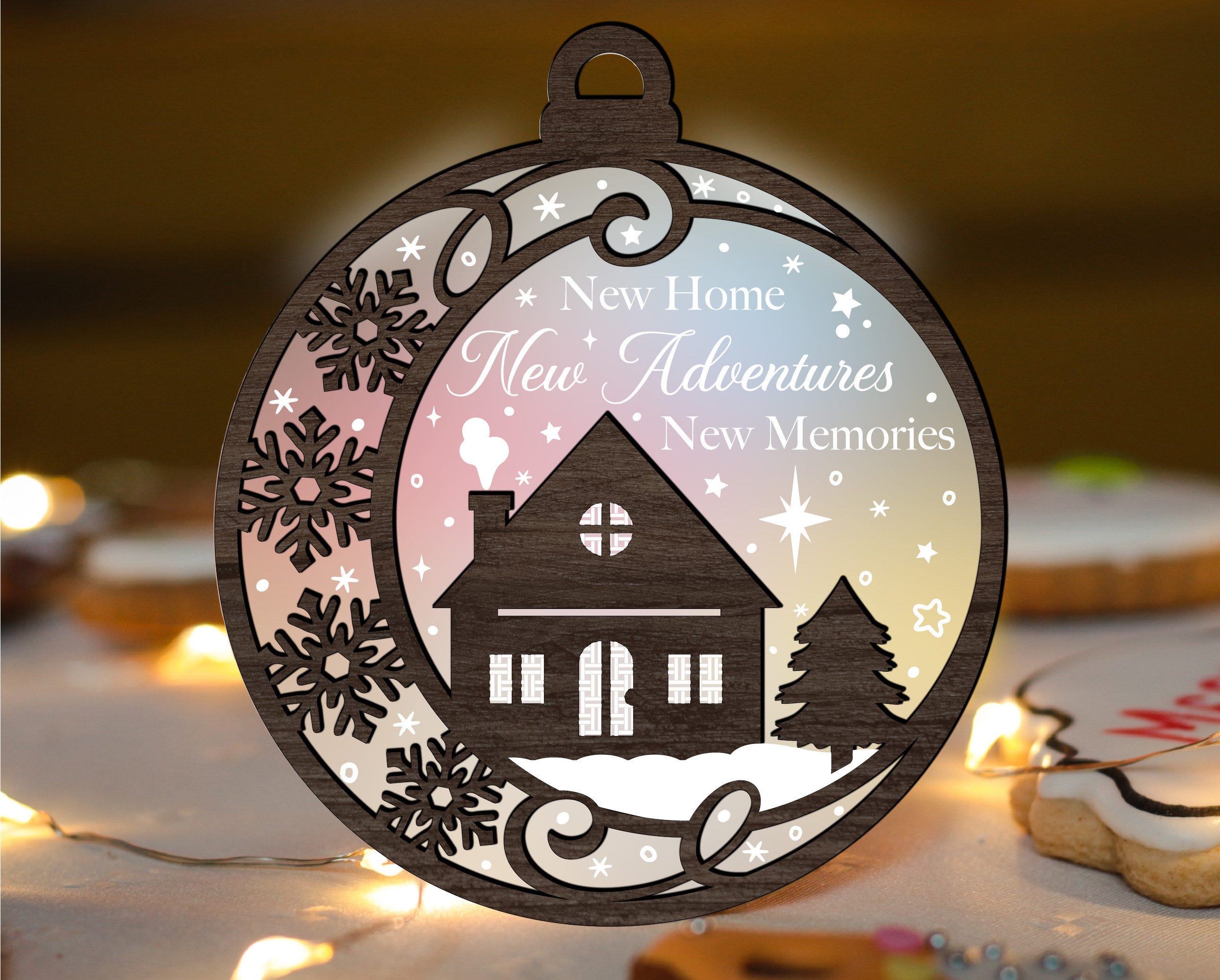 New Home New Memories Christmas Ornament Glowforge SVG, Laser Cut File, Snowflake SVG, Acrylic Ornaments for CNC Machine Digital File