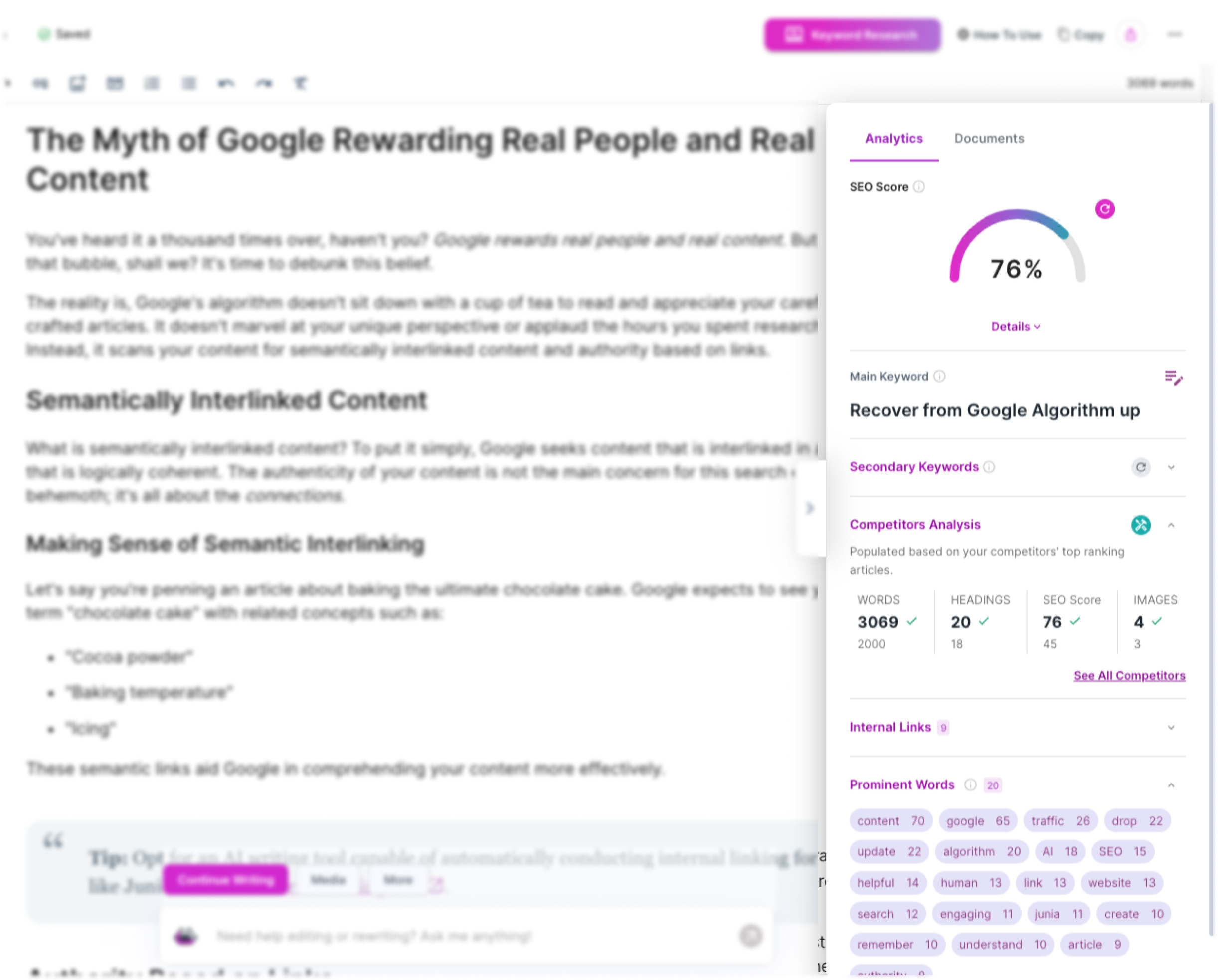 Junia AI auditing article for seo improvement in real time.