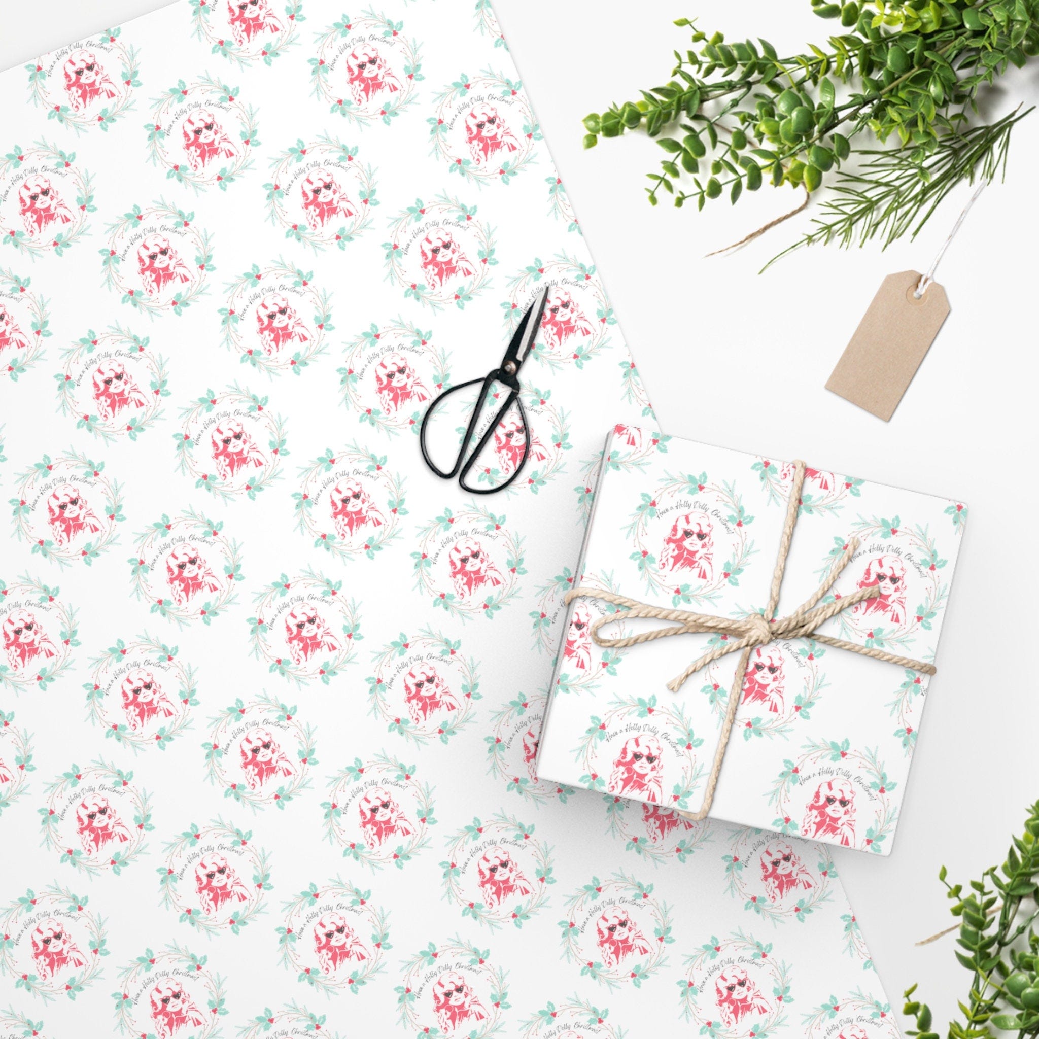 Dolly Parton inspired wrapping paper, have a holly dolly Christmas gift wrap, country western Christmas wrap, coastal cowgirl gifting wrap
