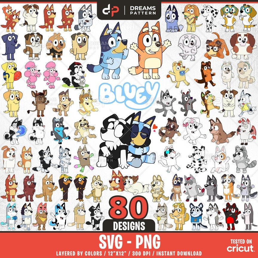 Blue Dog and Bingo All Friends Svg, 80 Designs Easy to use, Cartoon Characters, Layered Svg by colors, Transparent Png, Cut files for Cricut