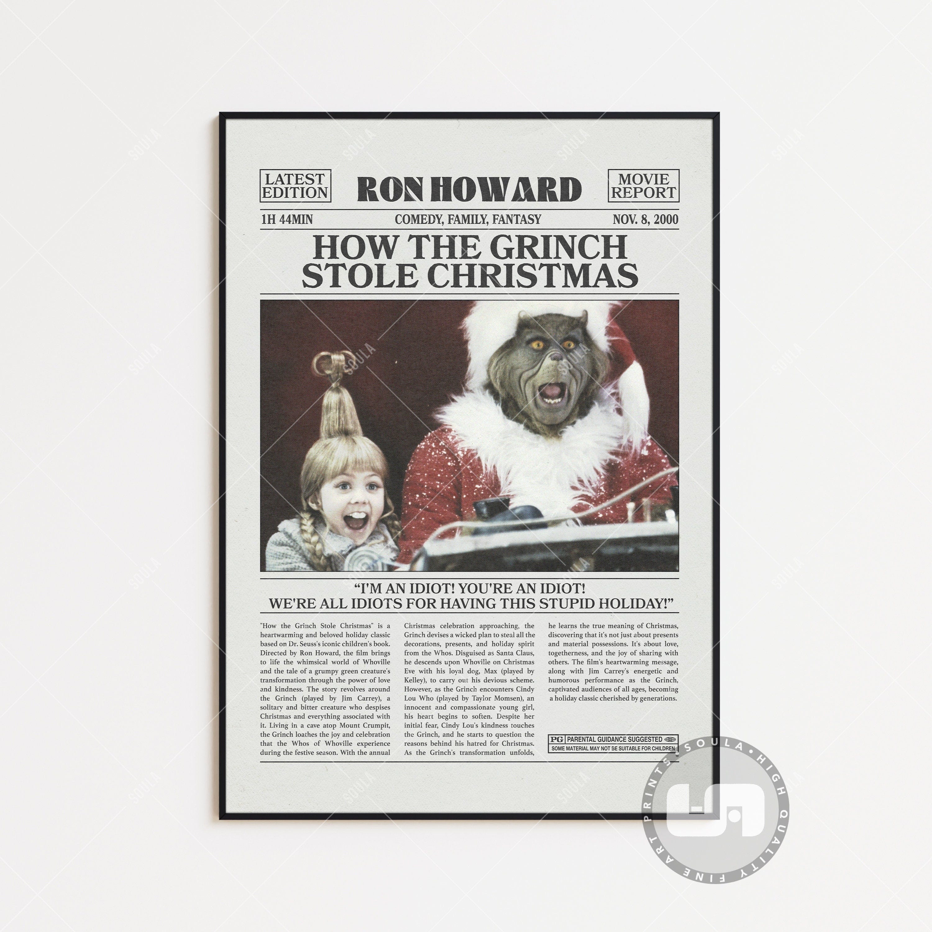 How the Grinch Stole Christmas, Ron Howard , Retro Newspaper Movie Poster, Black White Wall Art, Vintage Retro Art Print