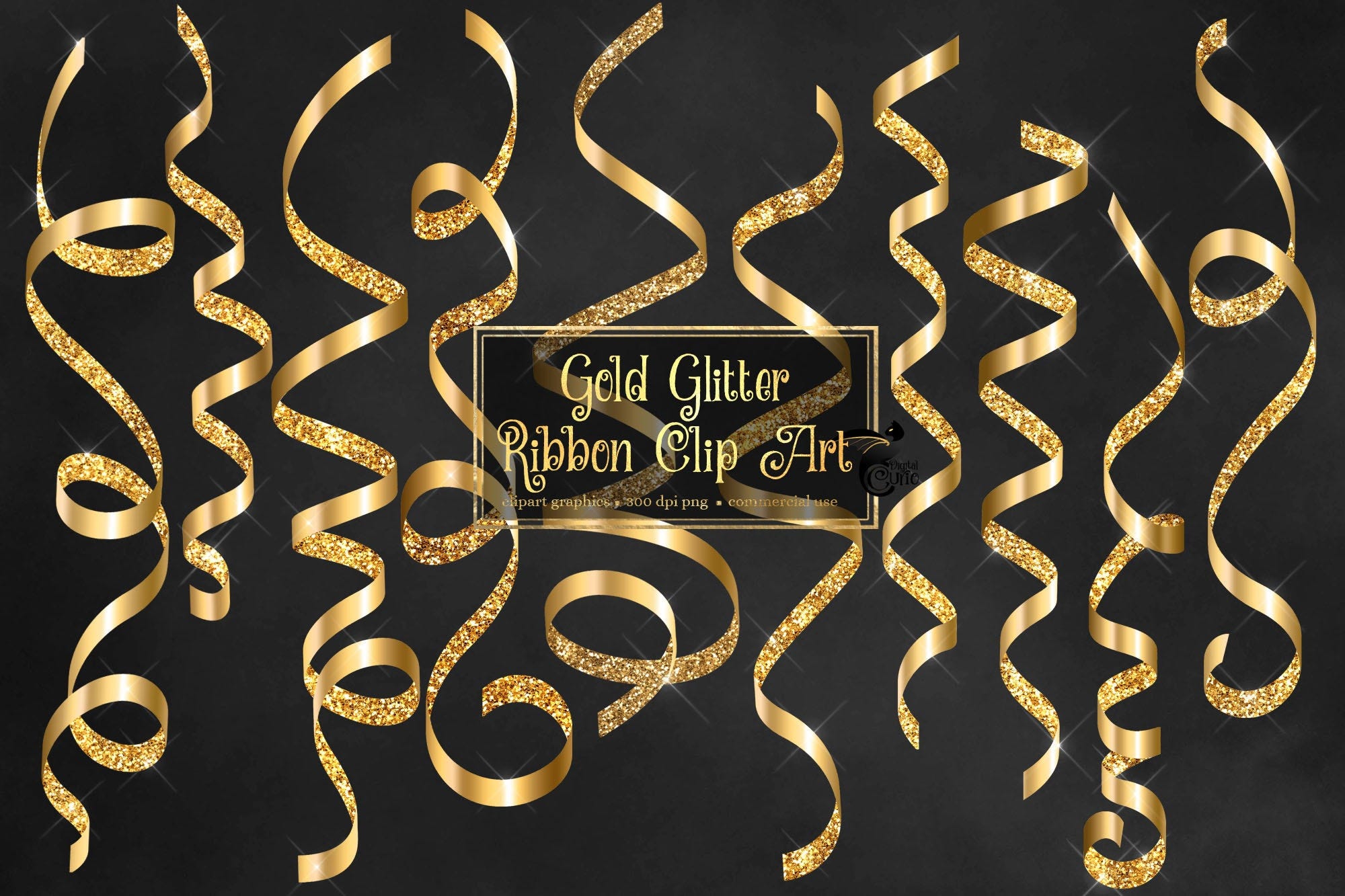 Gold Glitter Ribbon Clip Art - curling ribbons in png format instant download for commercial use