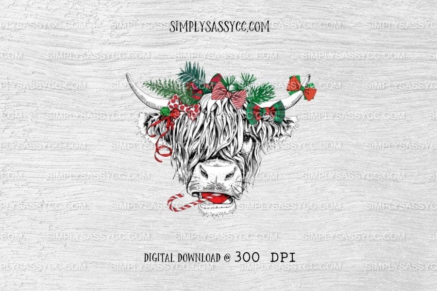 Christmas cow, green bows, candy cane, black and white, pine, Christmas PNG DIGITAL DOWNLOAD for sublimation, printing, digital, watercolor