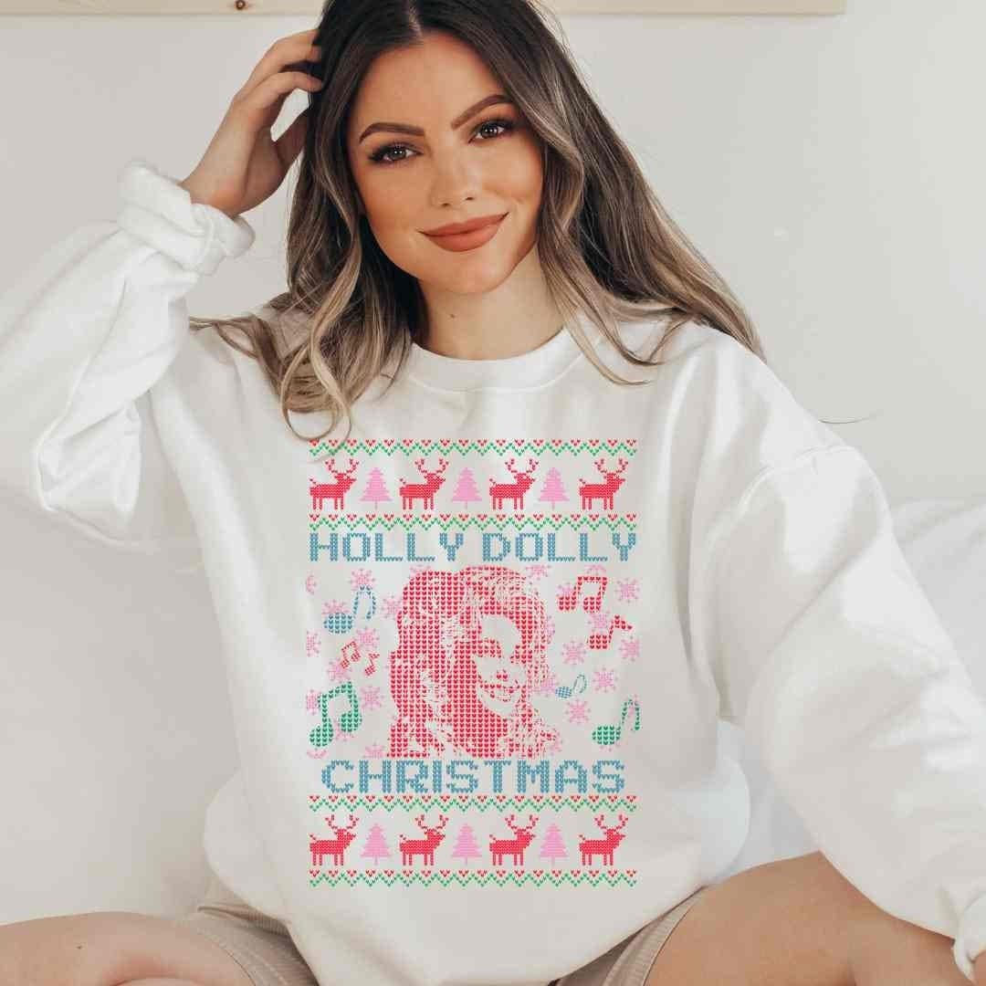Holly Dolly Christmas Sweatshirt, Country Ugly Christmas Sweatshirt, Dolly Parton Gift for Mom, Retro Xmas Western Jumper Nashville gift