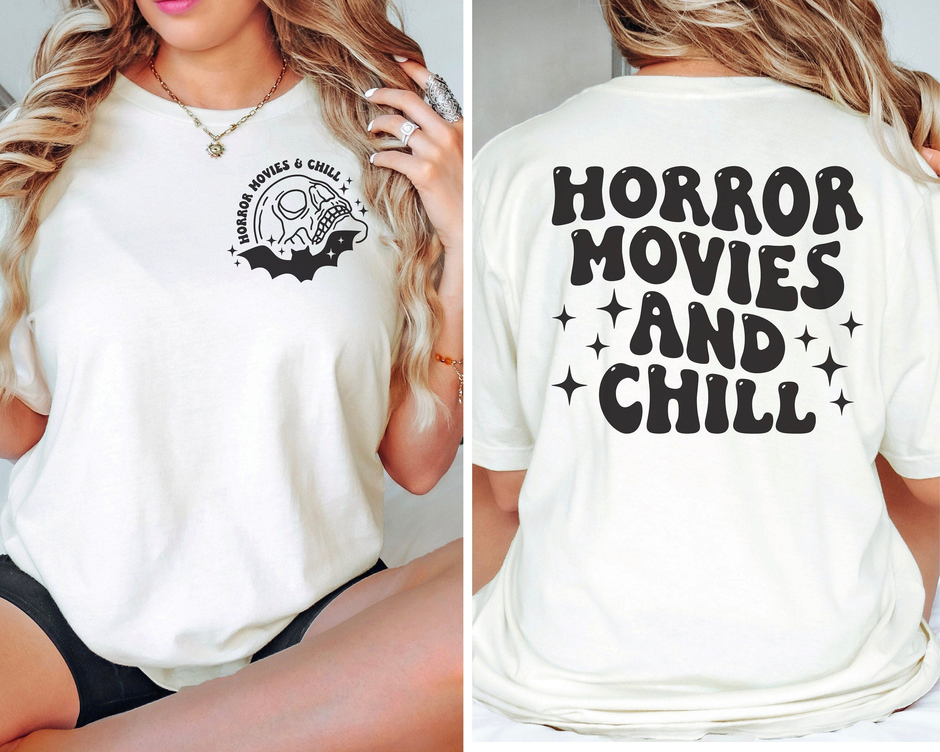 Horror Movies and Chill SVG | Skull Head & Bat Silhouette Cut Files | Trendy Front and Back Halloween SVG Designs