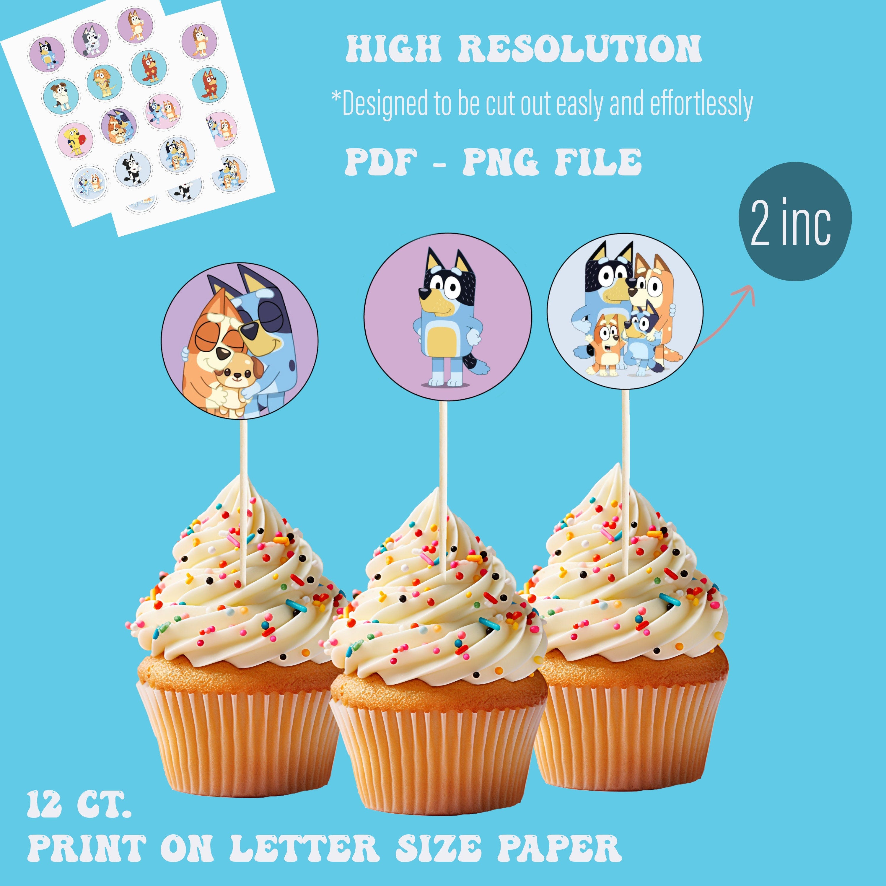 Bluey cupcake topper -Bluey birthday party supplies - Bluey Png stickers -bluey birthday decor-bluey birthday