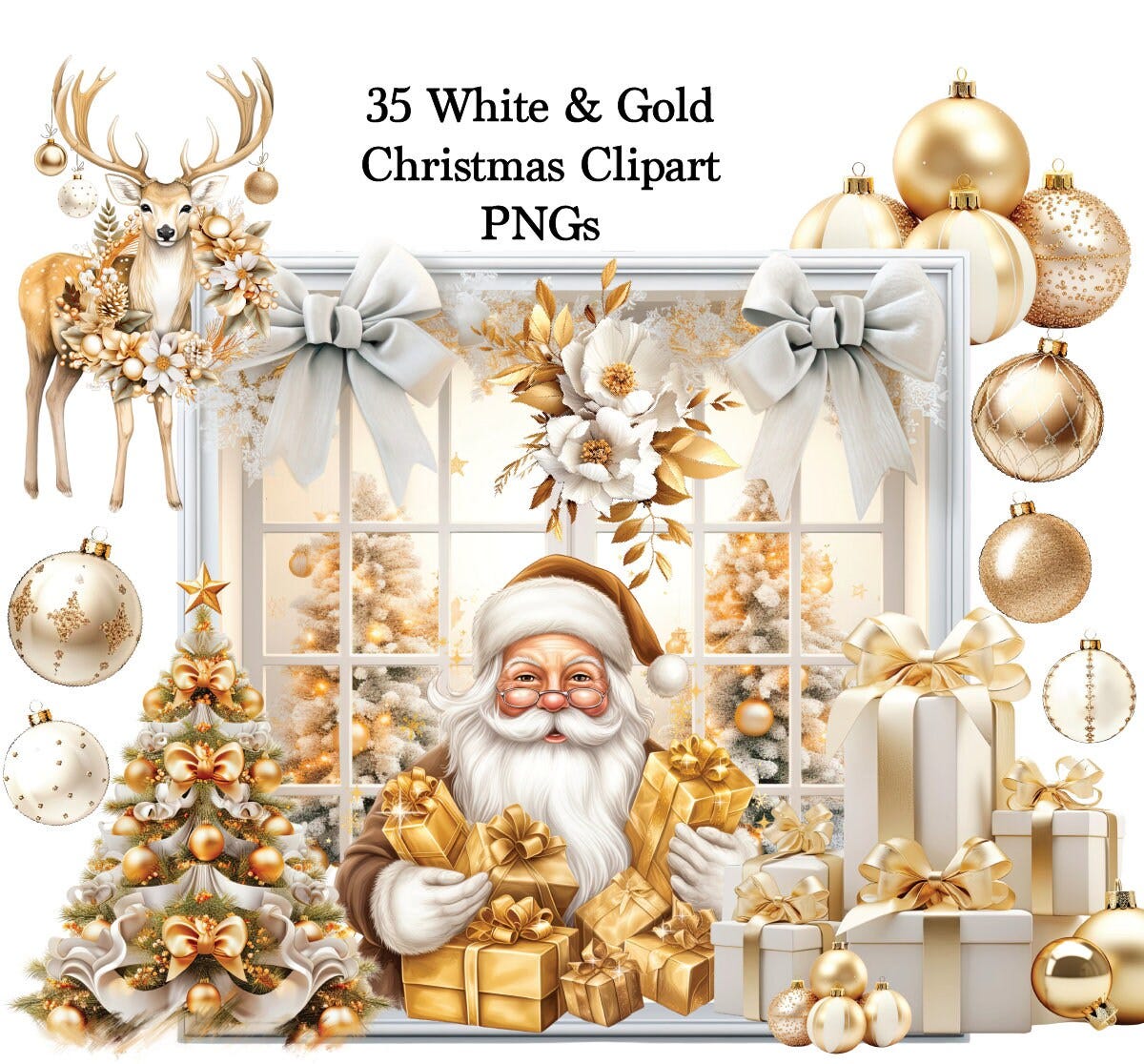 White and Gold Christmas Clipart, Gold Christmas Ornaments, Holiday Home Decor, Classy Christmas Decor, Christmas Decor, Holiday Home Decor
