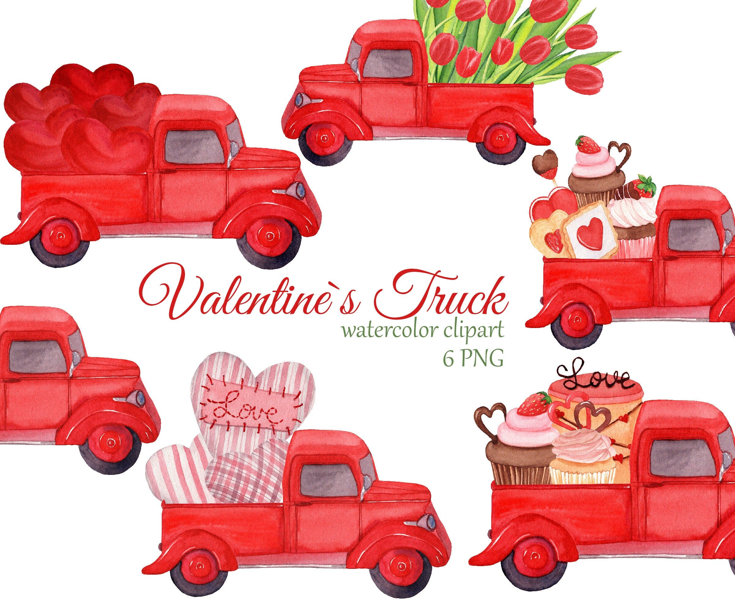 Red trucks with hearts, tulips and sweets. Valentine