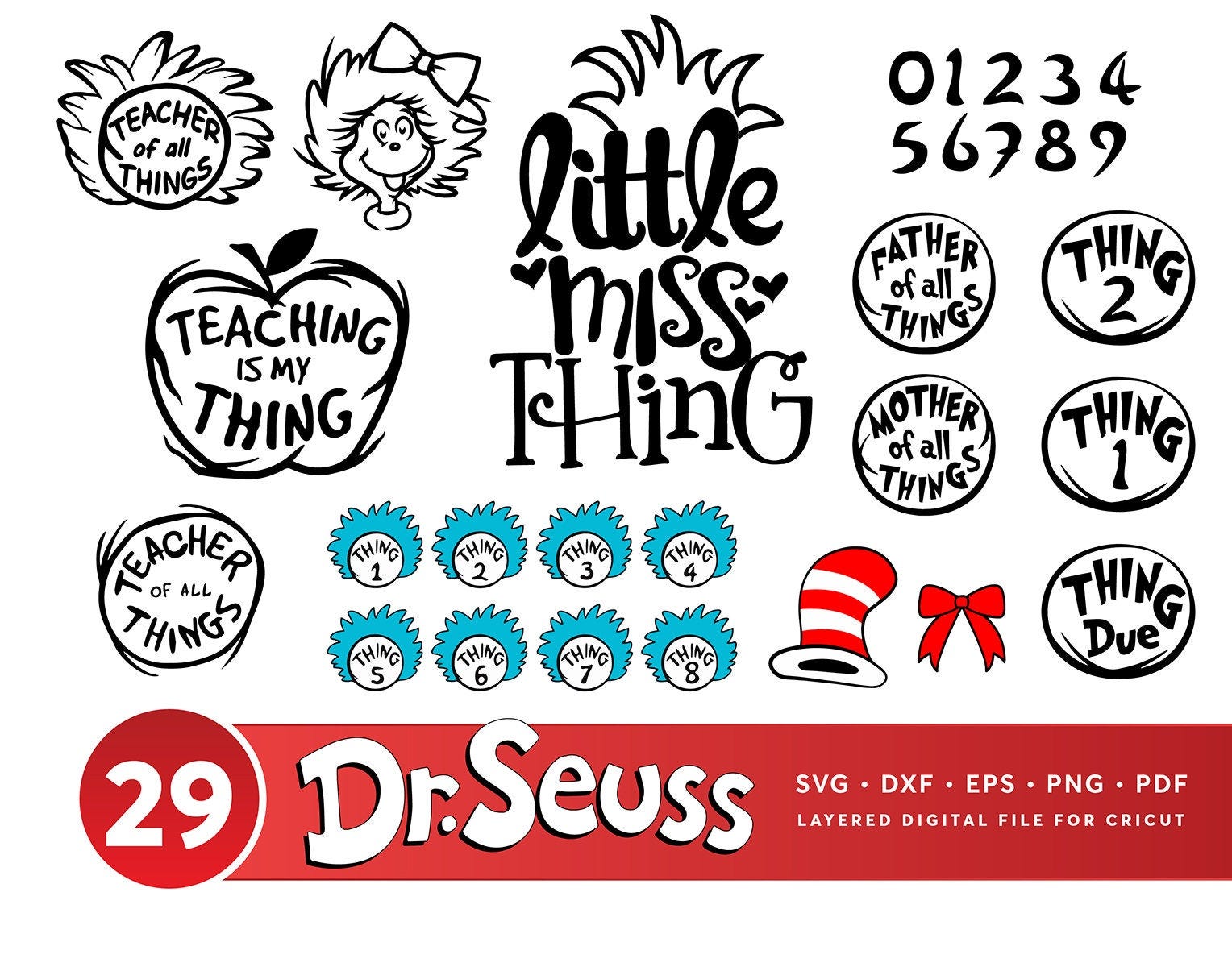 Dr Seuss Svg Bundle, Cat In The Hat SVG, Dr Seuss Hat SVG,Green Eggs And Ham Svg, Dr Seuss for Teachers Svg, Lorax Svg,Thing 1 and 2 Svg