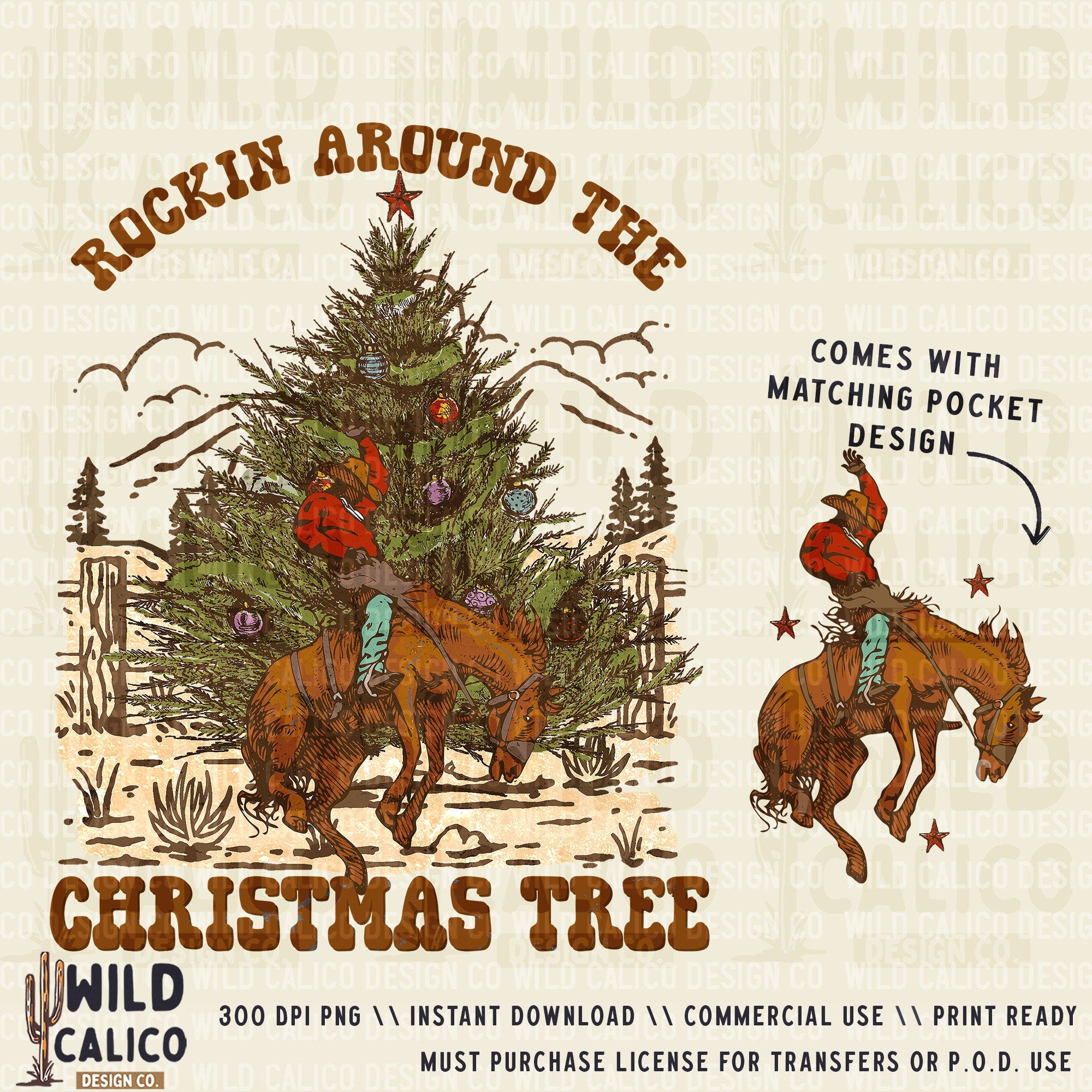Rockin Around The Christmas Tree + Pocket Design, Bronco Cowboy Rodeo | Western PNG Sublimations, Designs Downloads, Sublimation Download