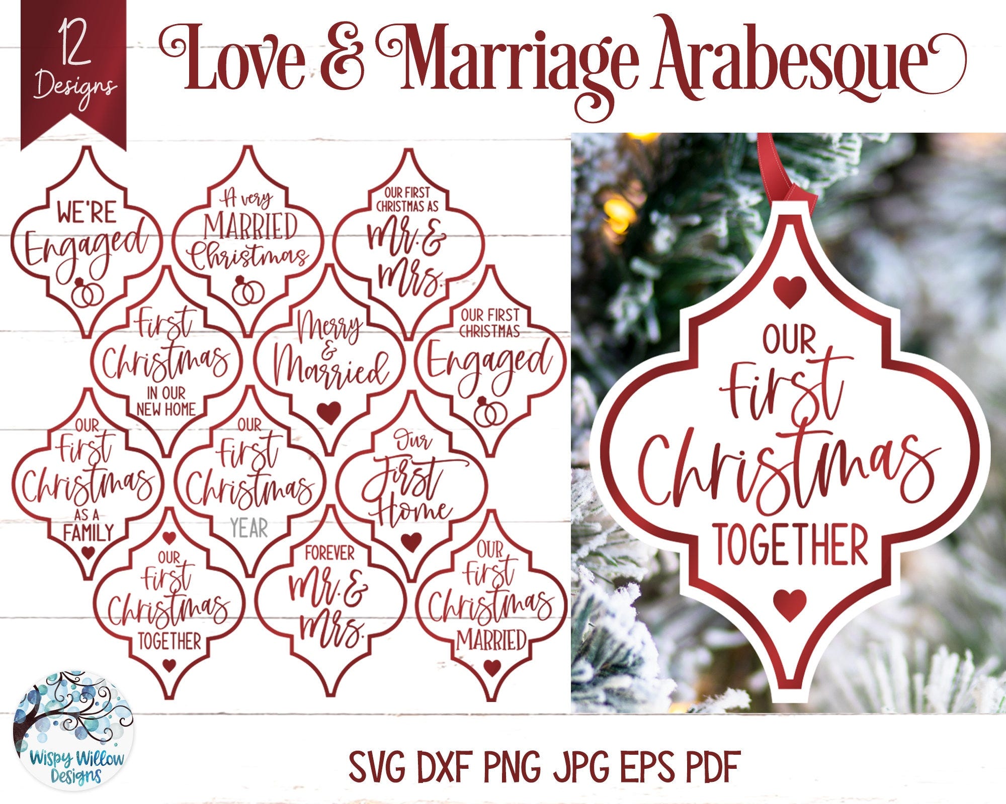 Love And Marriage Arabesque Christmas Ornament SVG Bundle, Married, Engaged, First Home, First Christmas Together, Vinyl Decal File, Cricut