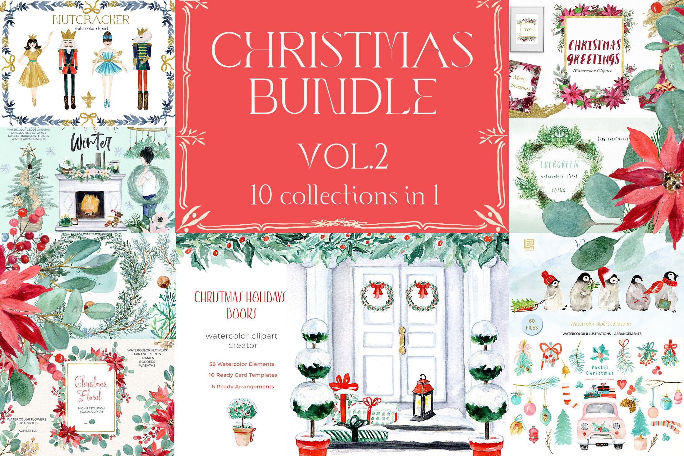 Christmas Clipart. Christmas Bundle. 10 collections in 1. Watercolor Clipart