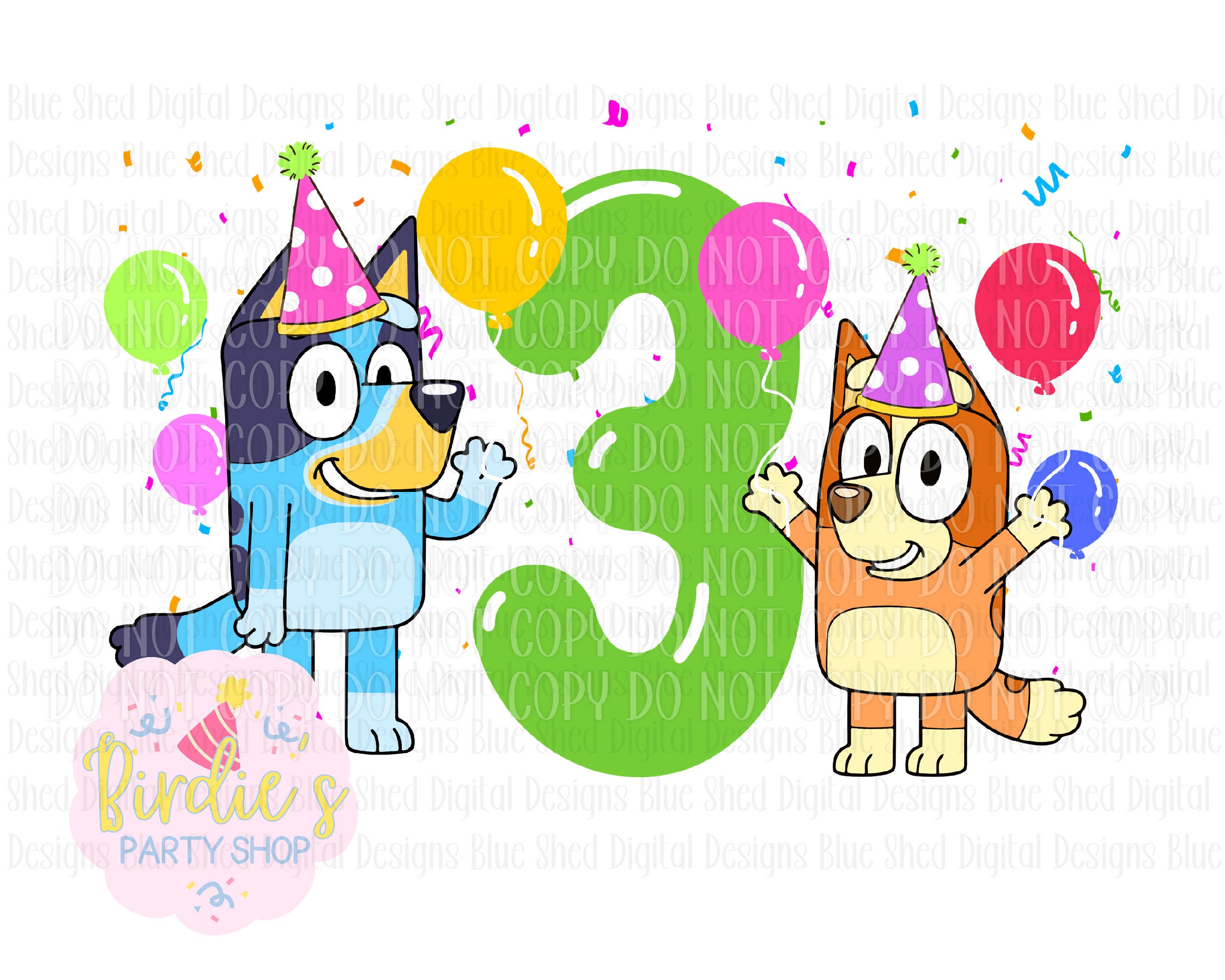 Bluey third birthday t-shirt or sticker design for dtf or sublimation printing. 3 year old Stickers party supplies decor bingo