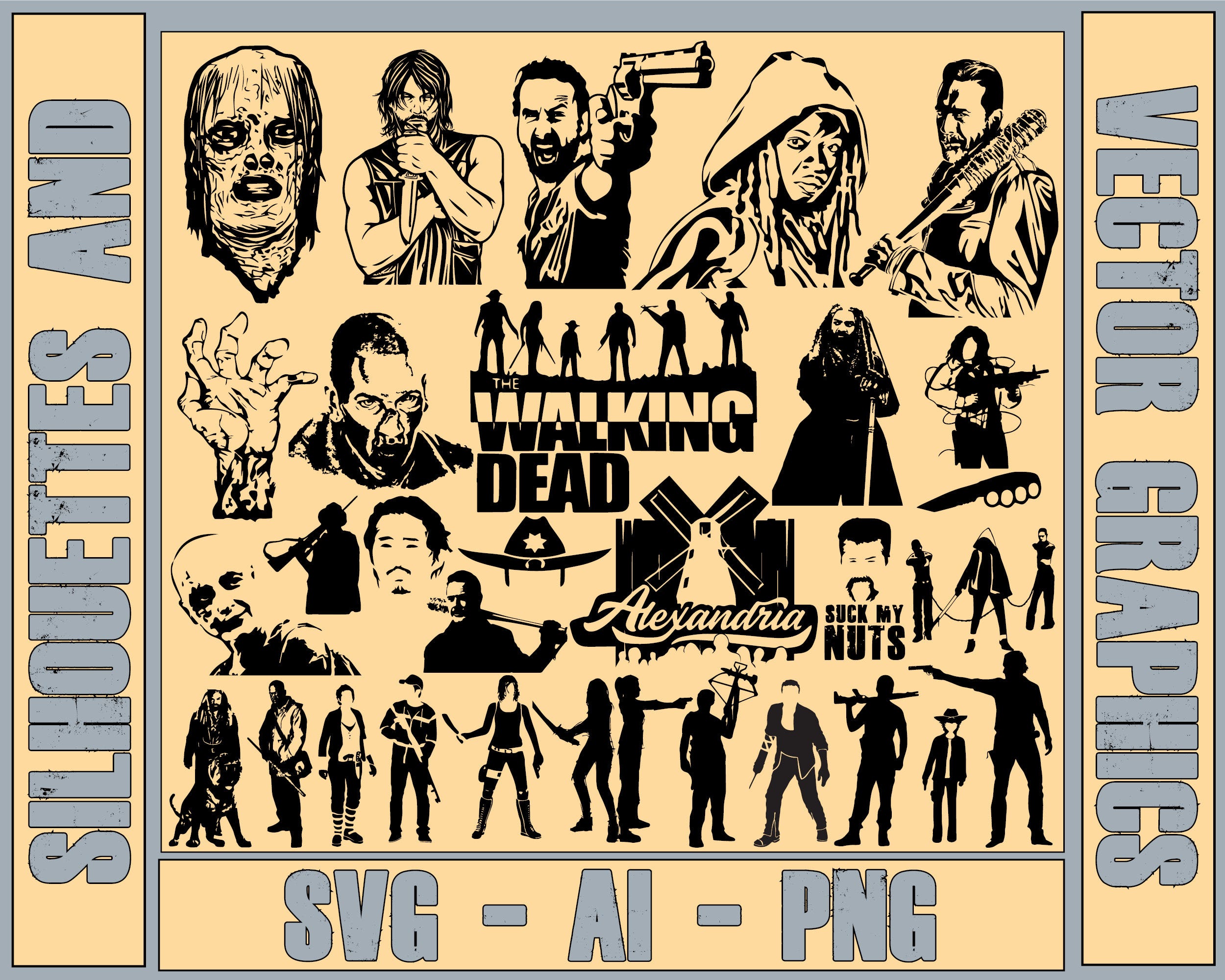 The Walking Dead (Pack 2) 30 pk Vector Graphic Silhouettes for Decals (Ai, SVG and PNG) Cricut (Digital Download)