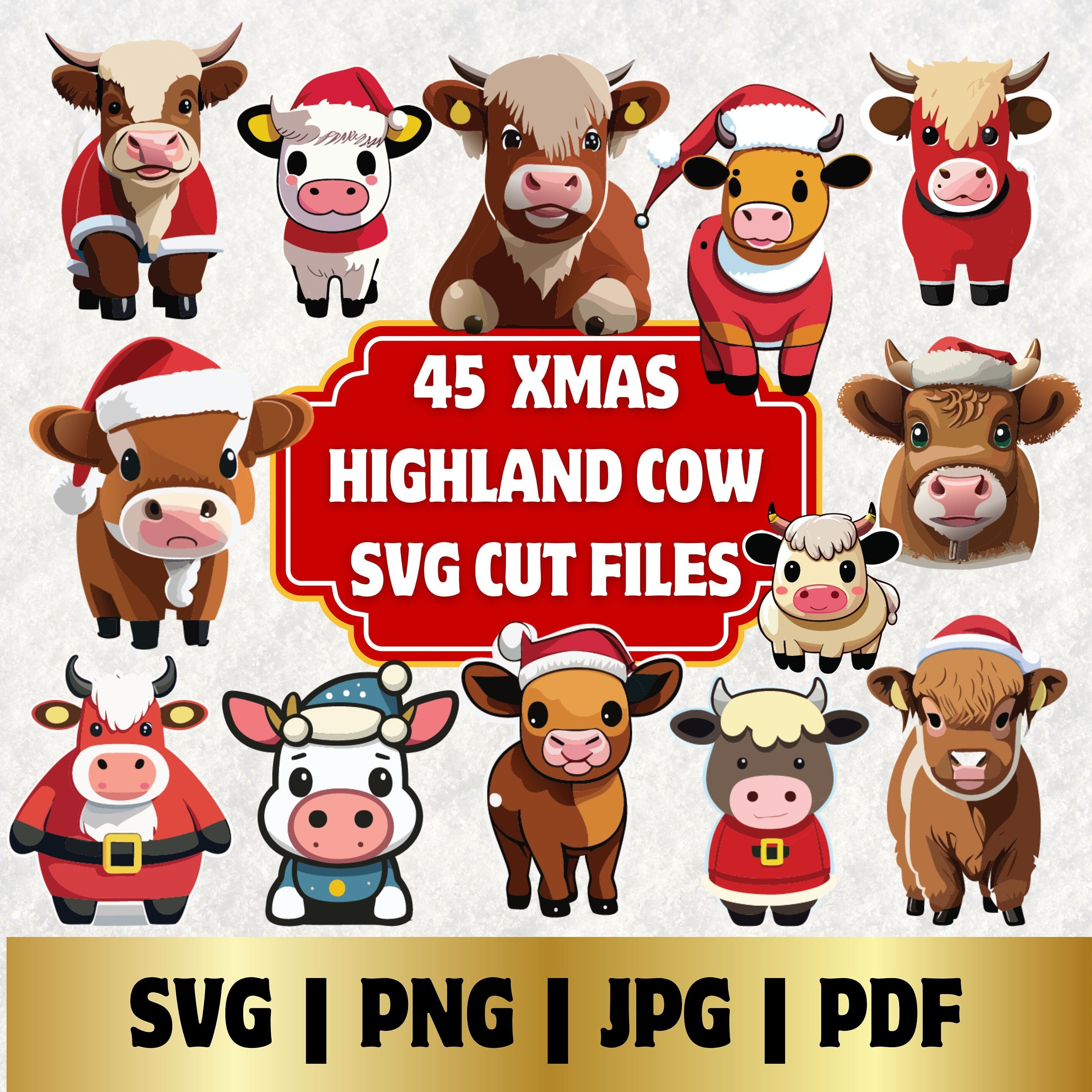 Christmas Highland Cow SVG Bundle, Christmas Highland Cow PNG, Xmas Cut File, Cricut, Christmas Clipart, Holiday SVG, Highland Cow Vector