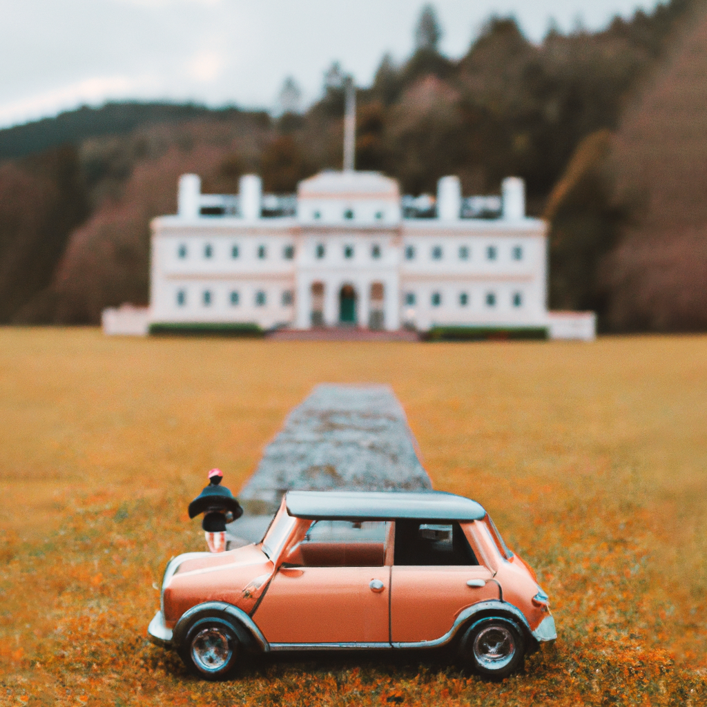Orange Mini Cooper in from of a mansion.