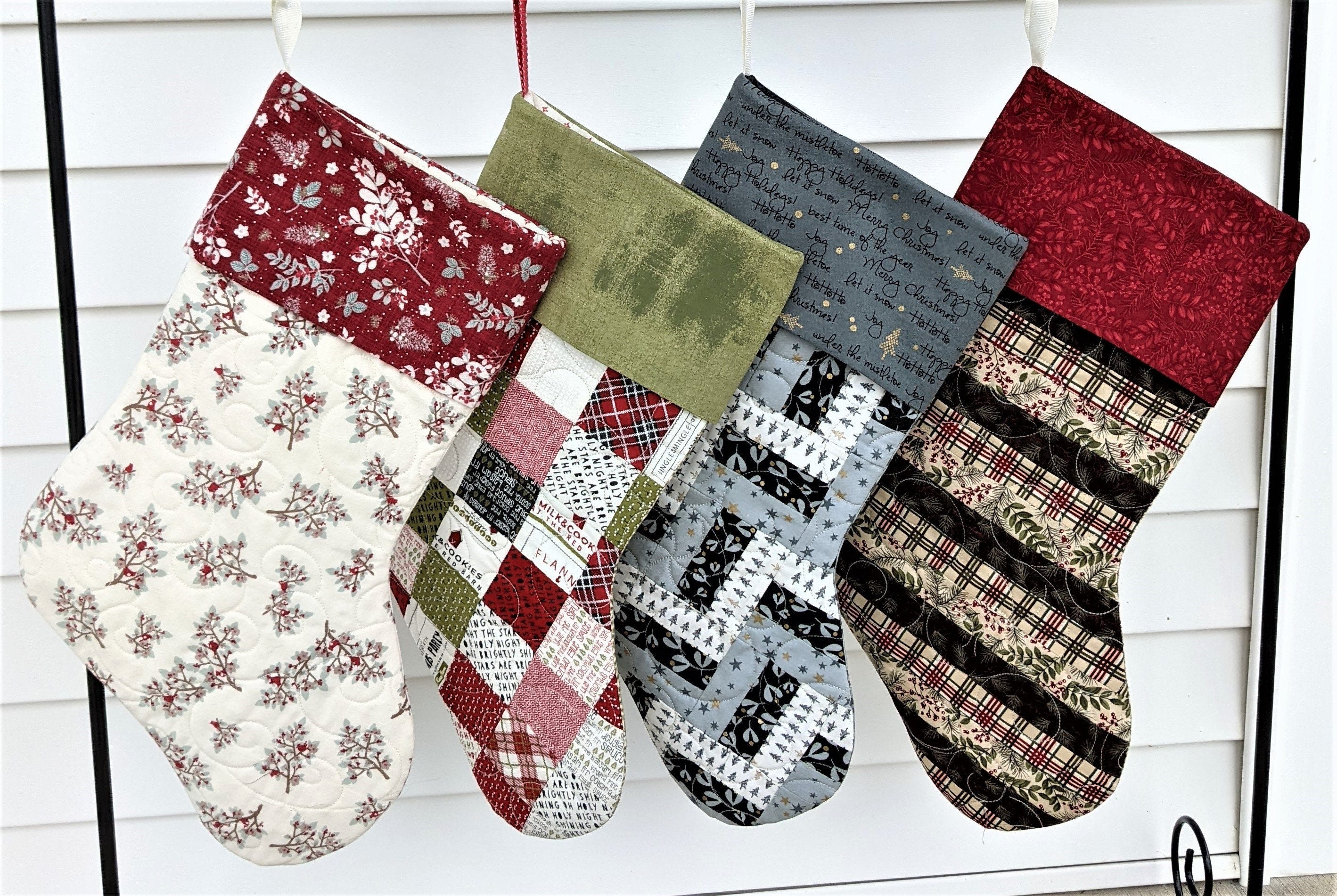 Quilted Christmas Stocking Pattern with four designs! BOOKLET hard copy with FULL size template - stocking sewing quilt pattern