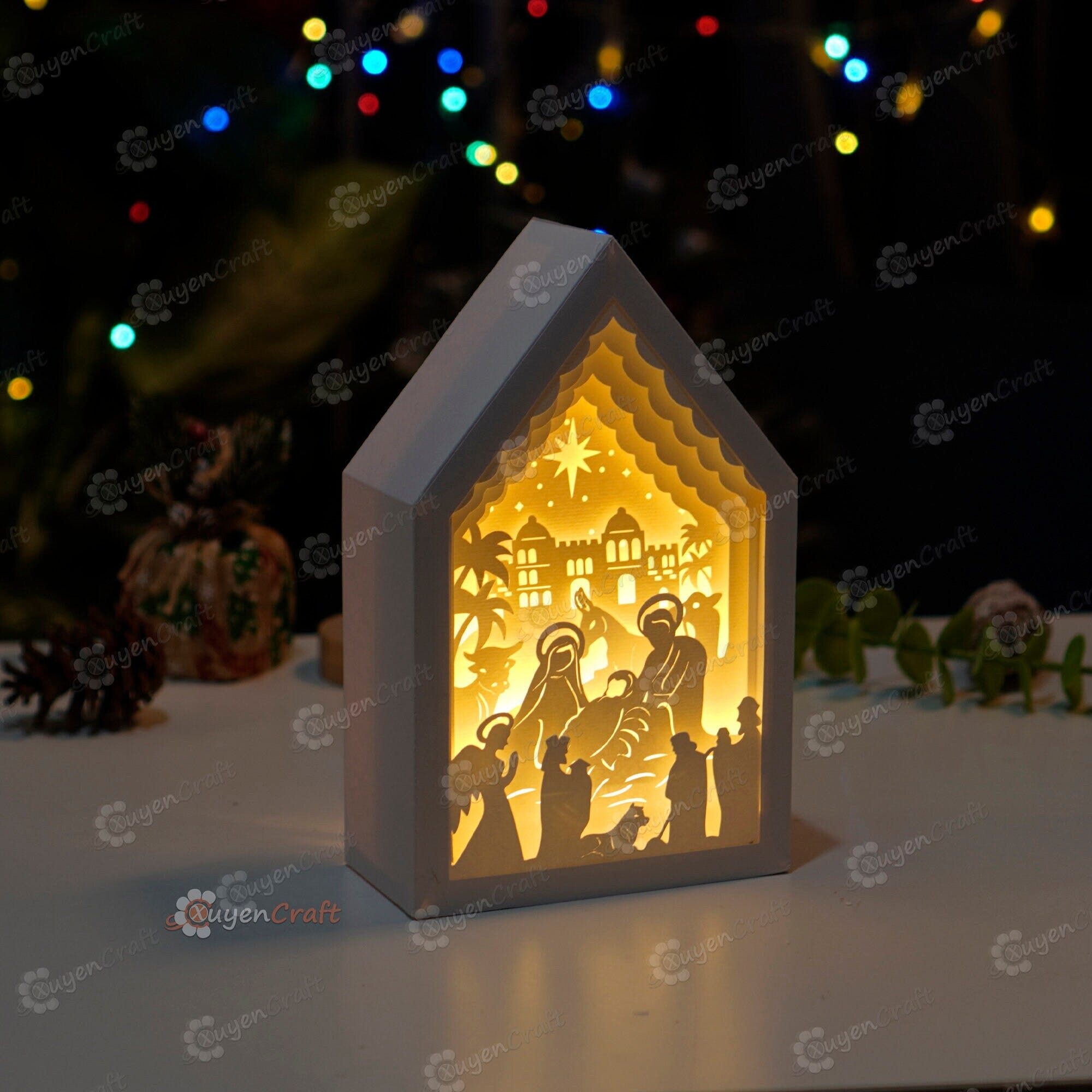 Nativity Scene In Christmas House Lanterns SVG Template Paper Cut Lamp Shadow Box, Lightbox Svg for Cricut Projects - DIY Xmas Decorations