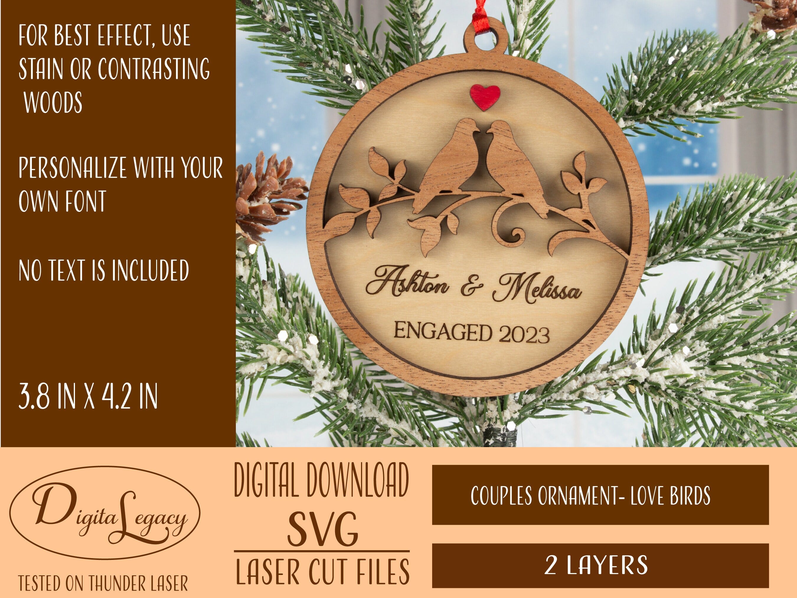 Couples Ornament Laser Ready SVG - Love Birds Digital Download Laser Cutting - Christmas Ornament SVG