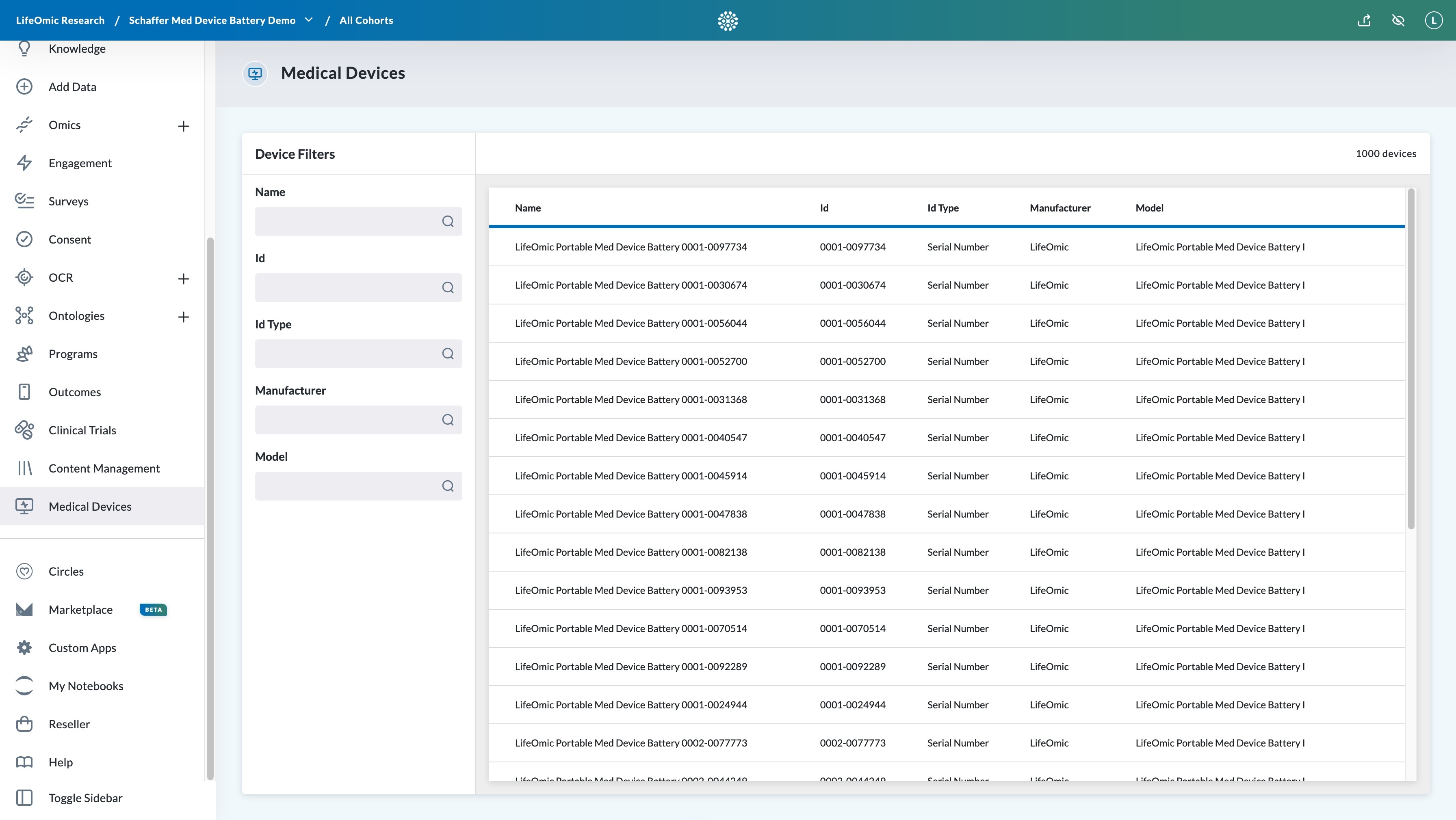 LifeOmic Medical Device UI Device List Page