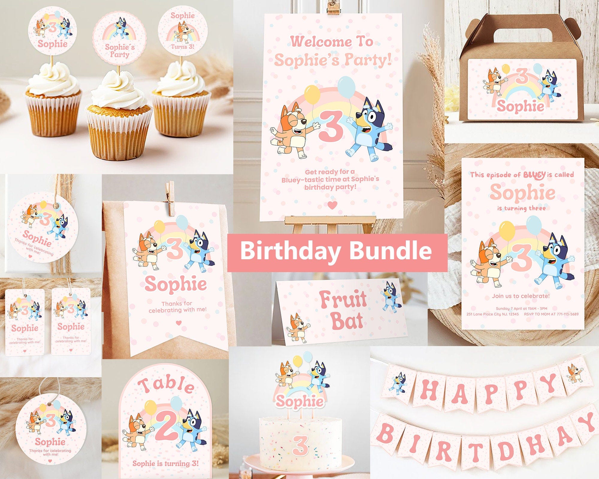 Editable Bluey birthday kit for girl. Bluey party pack for girl. Printable labels for girl