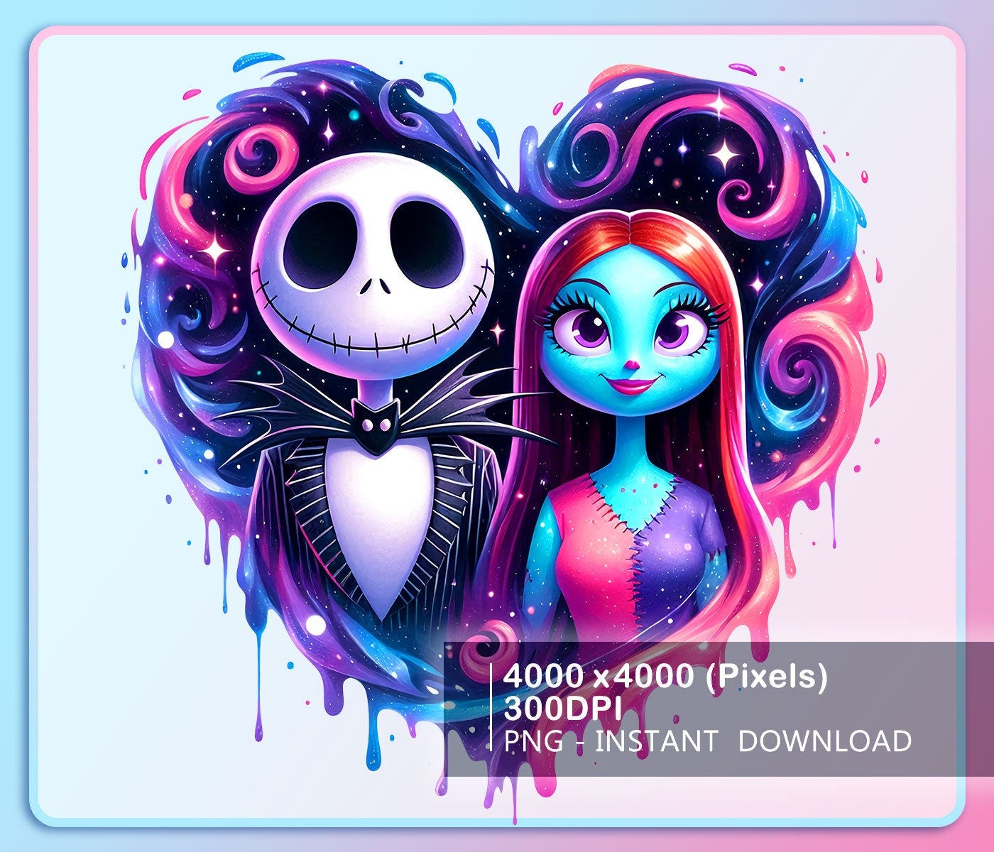 Jack And Sally Watercolor Artwork Png, Nightmare Before Christmas Couple Png, Funny Couple Shirt print, DTF print, PNG Instant Download