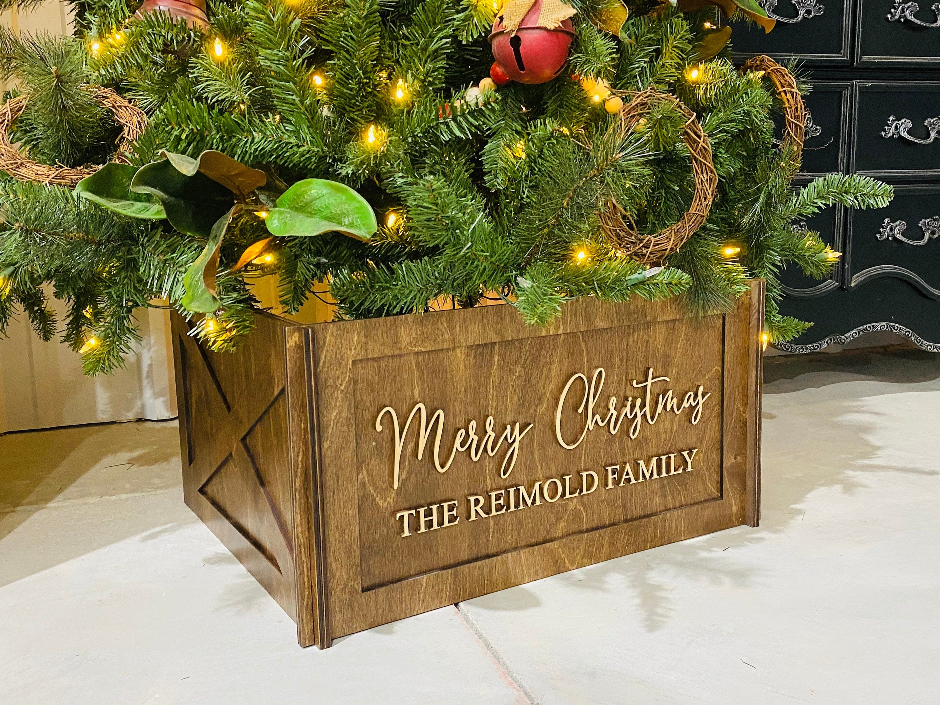 Personalized Wooden Tree Collar - Wood Christmas Tree Box - Collapsible Wooden Christmas Tree Skirt