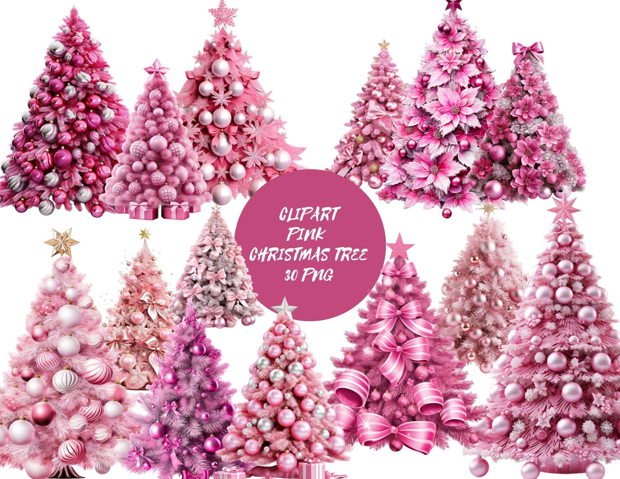 Clipart Pink Christmas Trees Clipart, PNG digital files on a transparent background, scrapbook, invitations, commercial use