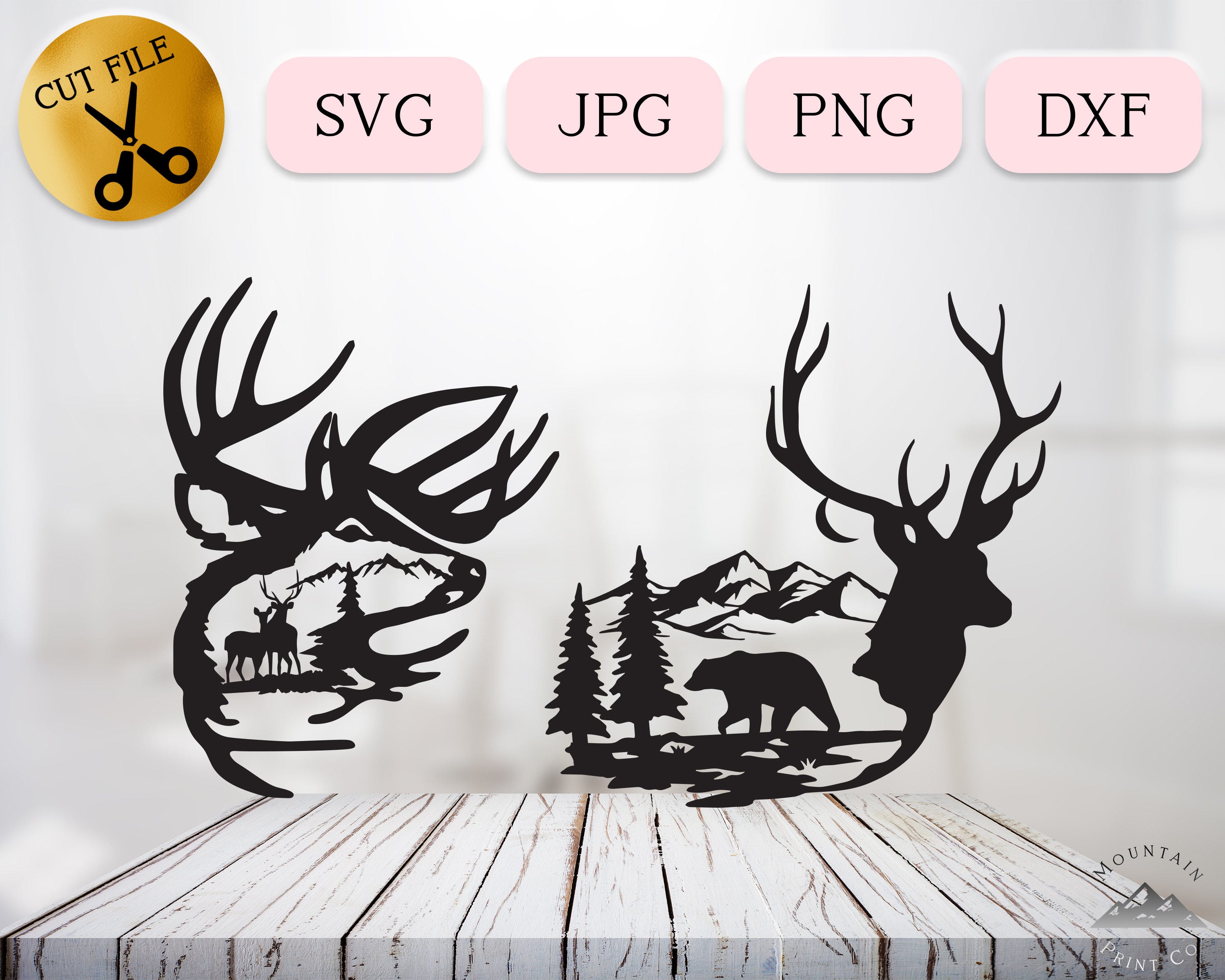 Woodland Deer Silhouette SVG Cut File Bundle, Mountain Landscape Scene, Bear Forest, Adventure Vector, Vinyl Decal svg, Nature, JPG, PNG dxf