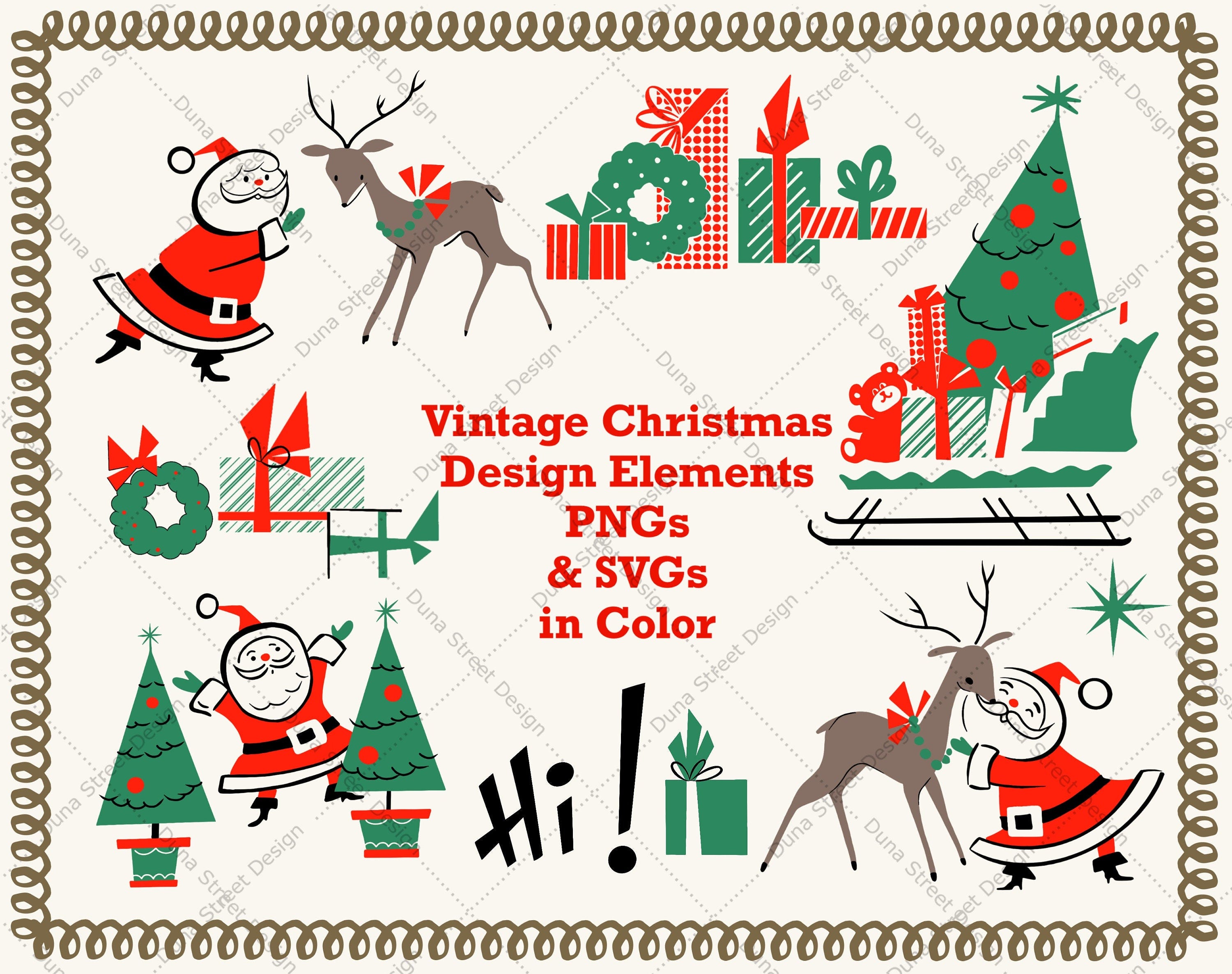 PNG & SVG Vintage Christmas Clipart Design Elements 1940s 1950s |  Digital Download Files | Midcentury Retro Deer Trees Santa Presents