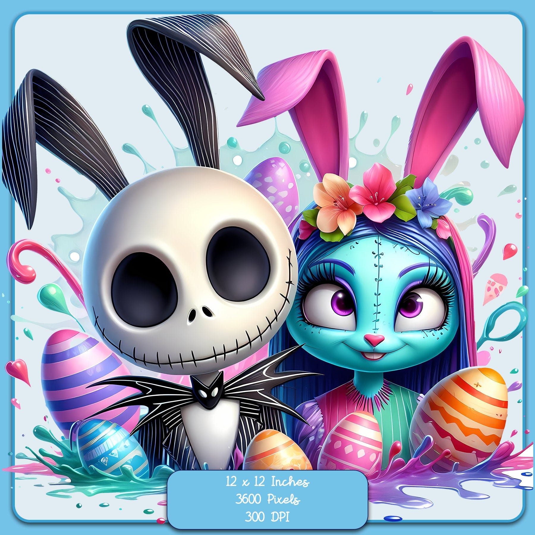 Jack and Sally Bunny Ears Watercolor Splash, Clipart Images, Graphics and Artwork, Rainbow Aesthetic, PNG Christmas Nightmare Images