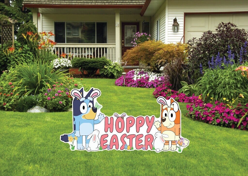 Bluey Bingo Happy Hoppy Easter Spring Decoration Bunnies Floral Eggs Bunny Ears yard sign cut out