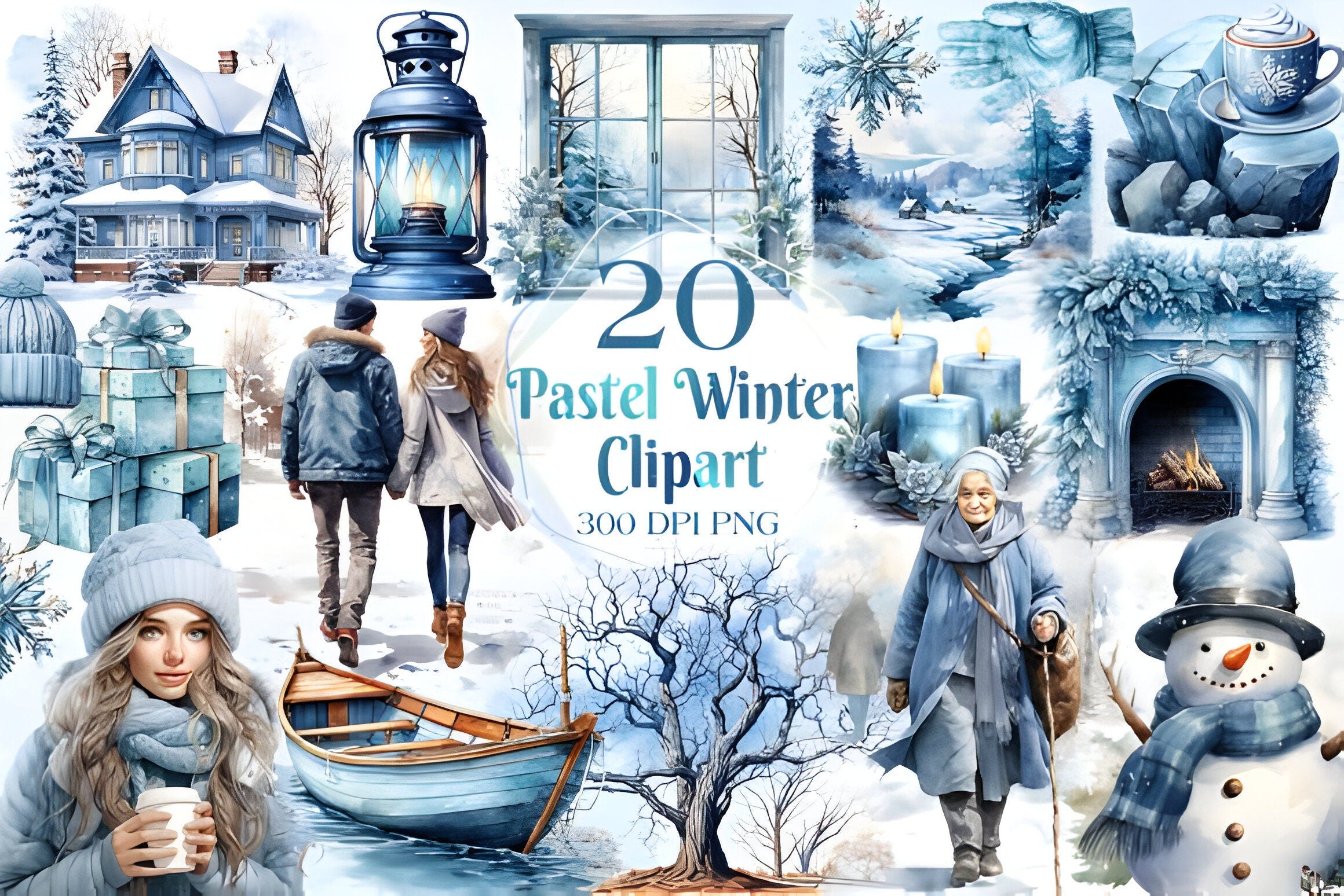 Watercolor Pastel Blue Winter Clipart Bundle, Cozy Winter PNG, Winter Wonderland PNG, Snowman, Winter Forest, Santa, Christmas, Snowflake